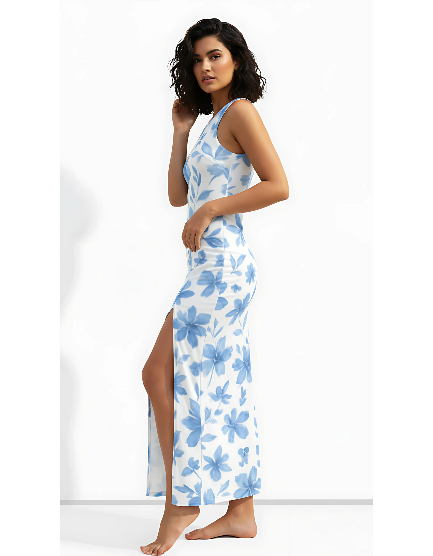 Women’s Floral AOP Bodycon Dress – Sleeveless Maxi with Side Slit | 220 GSM Poly Spandex, Skin Fit, Breathable & Stretchable