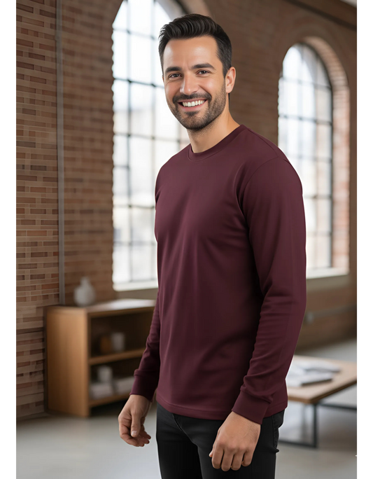 Men's Full Sleeve Plain Maroon T-Shirt | 100% Super Combed Cotton | Bio Washed & Pre-Shrunk