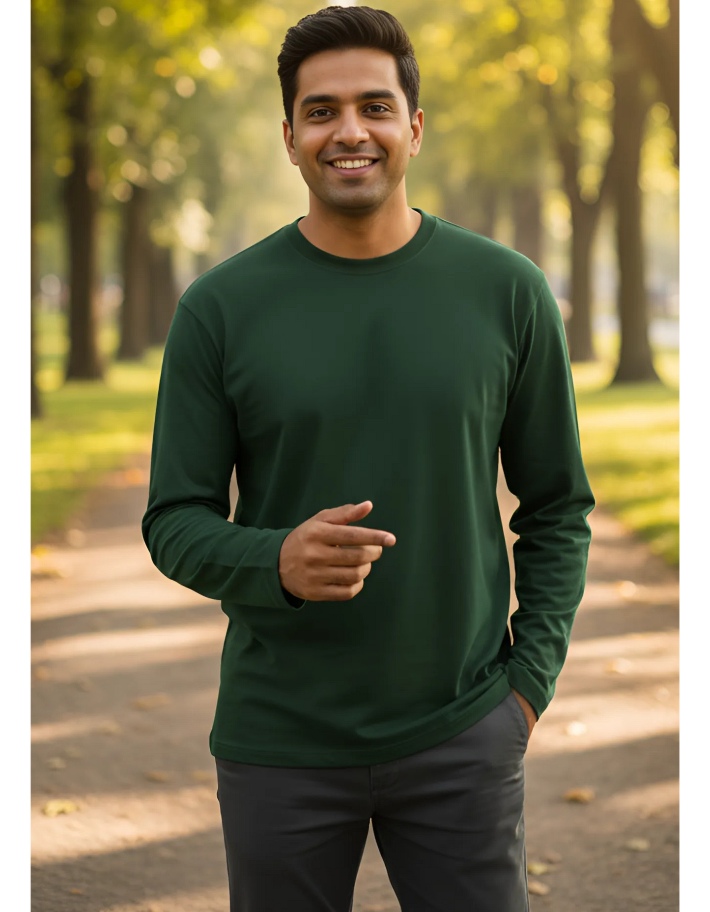 Men's Full Sleeve Bottle Green T-Shirt | 100% Super Combed Cotton | Pre-Shrunk & Bio Washed