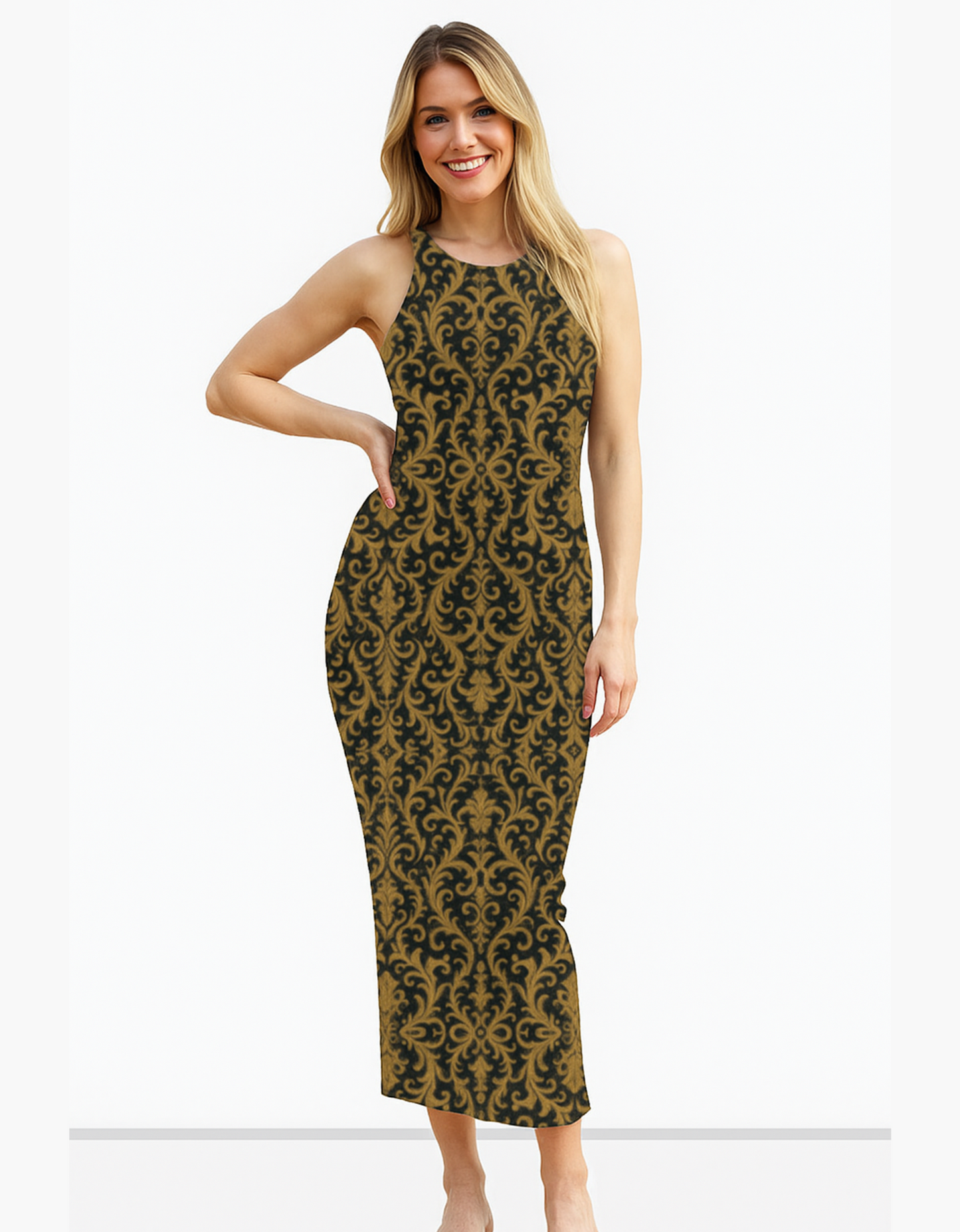 Elegant Black & Gold AOP Bodycon Dress – 220 GSM Poly Spandex, Side Slit, Skin Fit, Breathable & Stretchable