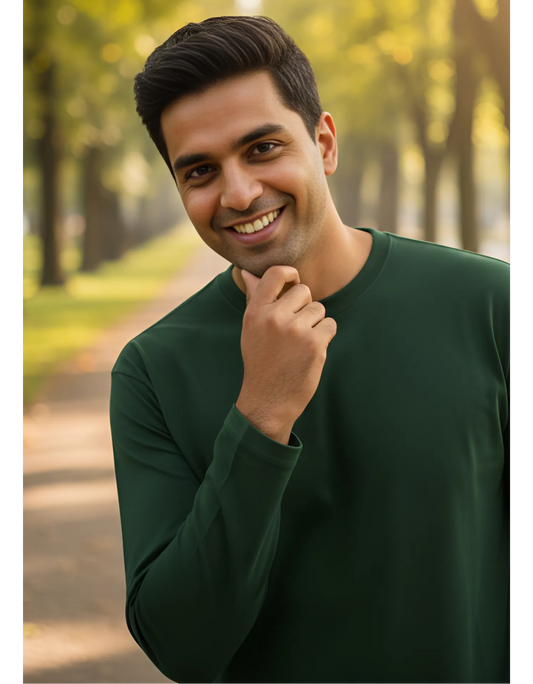 Men's Full Sleeve Bottle Green T-Shirt | 100% Super Combed Cotton | Pre-Shrunk & Bio Washed
