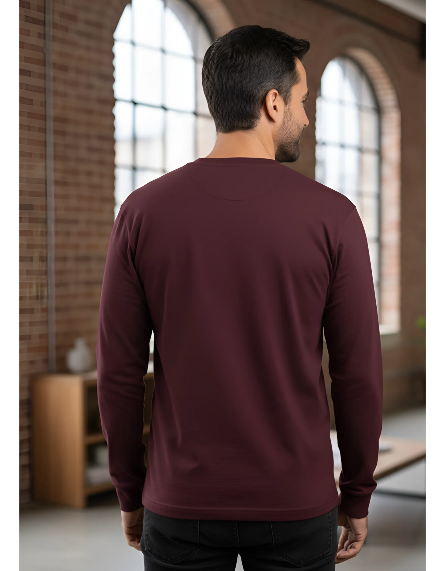 Men's Full Sleeve Plain Maroon T-Shirt | 100% Super Combed Cotton | Bio Washed & Pre-Shrunk