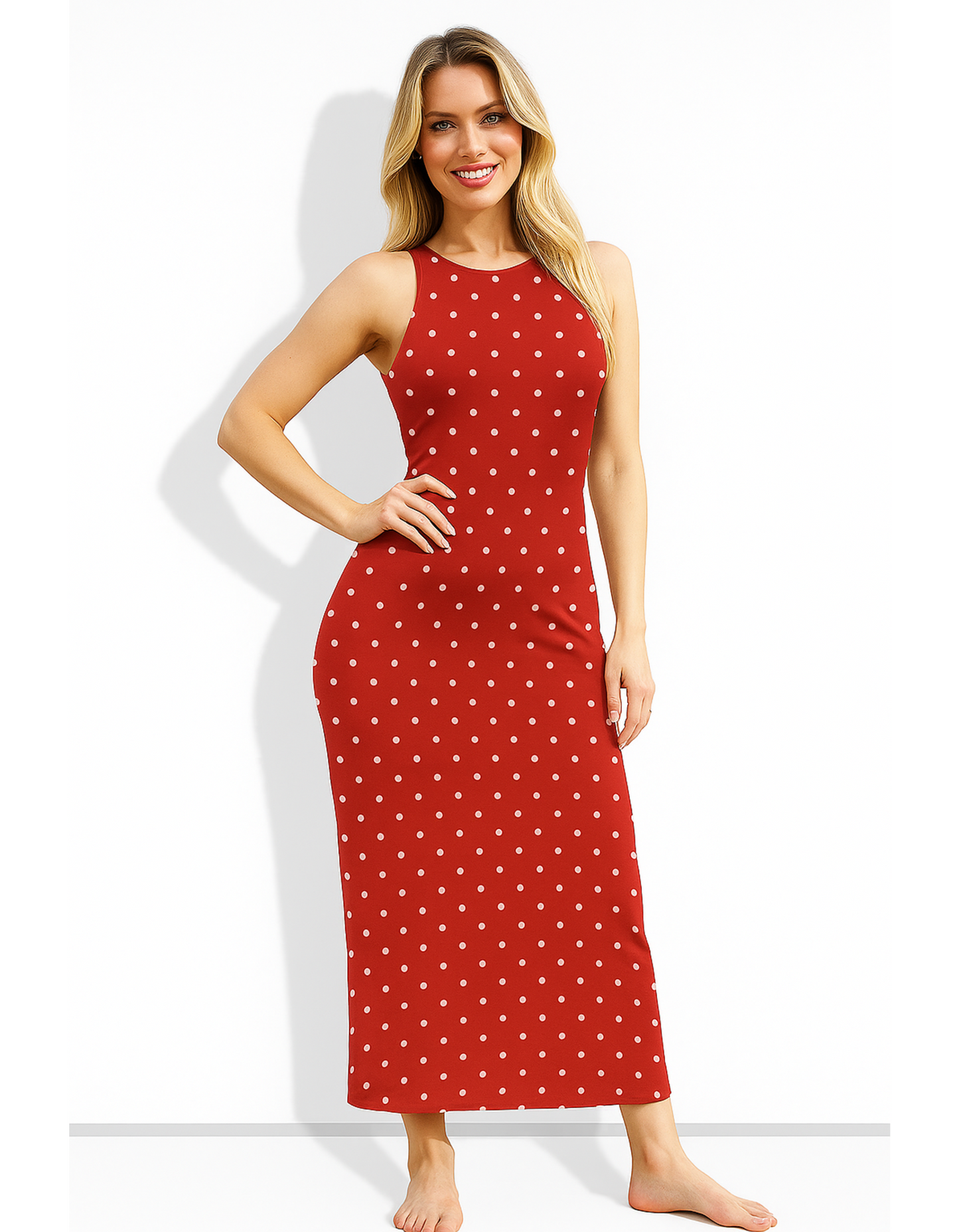 Women's Red Polka Dot All Over Print Bodycon Dress – 220 GSM Poly Spandex, Side Slit, Skin Fit