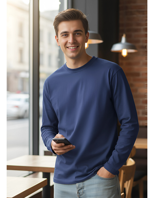 Men's Full Sleeve Plain Royal Blue T-Shirt | 100% Cotton | Bio Washed & Pre-Shrunk