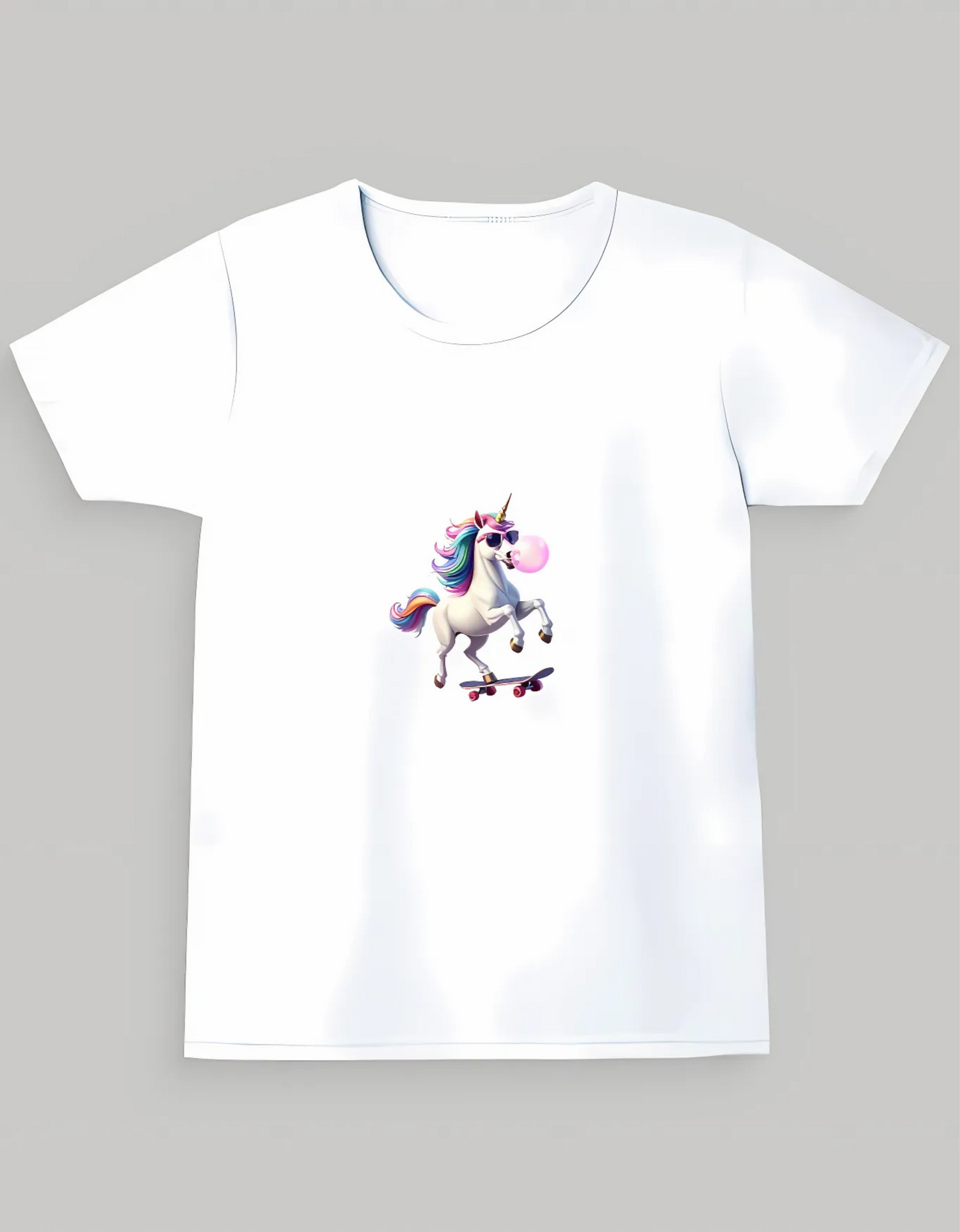 Girls’ Crew Neck T-Shirt – “Skateboarding Unicorn with Bubblegum” Print | 180 GSM | 100% Cotton | Bio-Washed | Super Combed | Pre-Shrunk