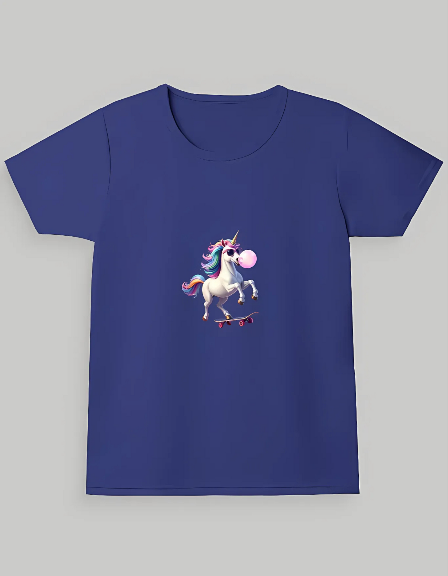Girls’ Crew Neck T-Shirt – “Skateboarding Unicorn with Bubblegum” Print | 180 GSM | 100% Cotton | Bio-Washed | Super Combed | Pre-Shrunk