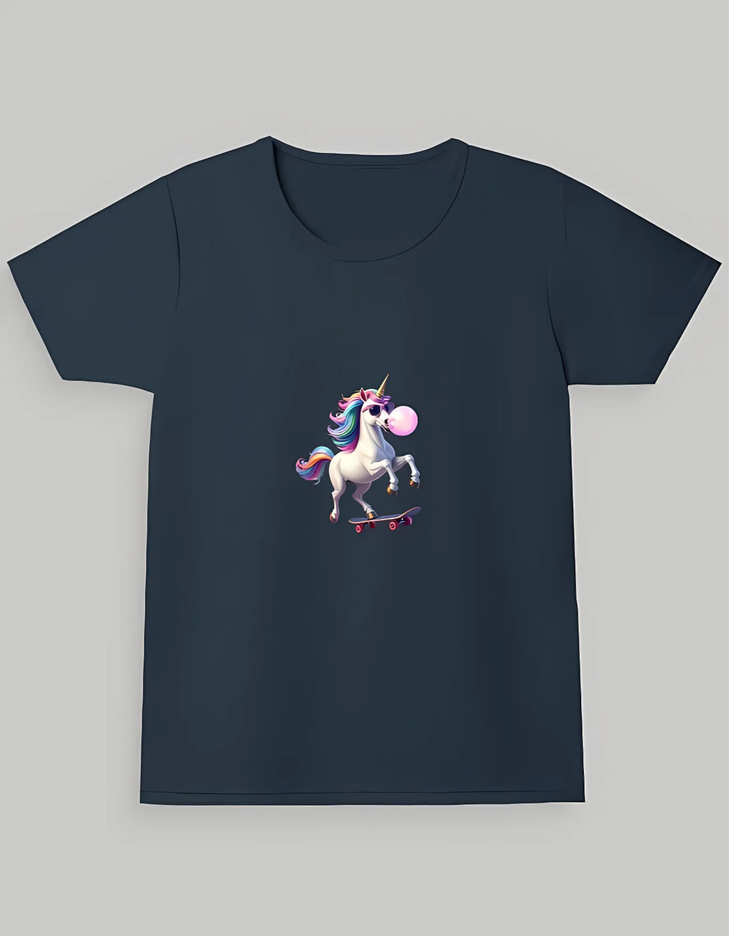 Girls’ Crew Neck T-Shirt – “Skateboarding Unicorn with Bubblegum” Print | 180 GSM | 100% Cotton | Bio-Washed | Super Combed | Pre-Shrunk