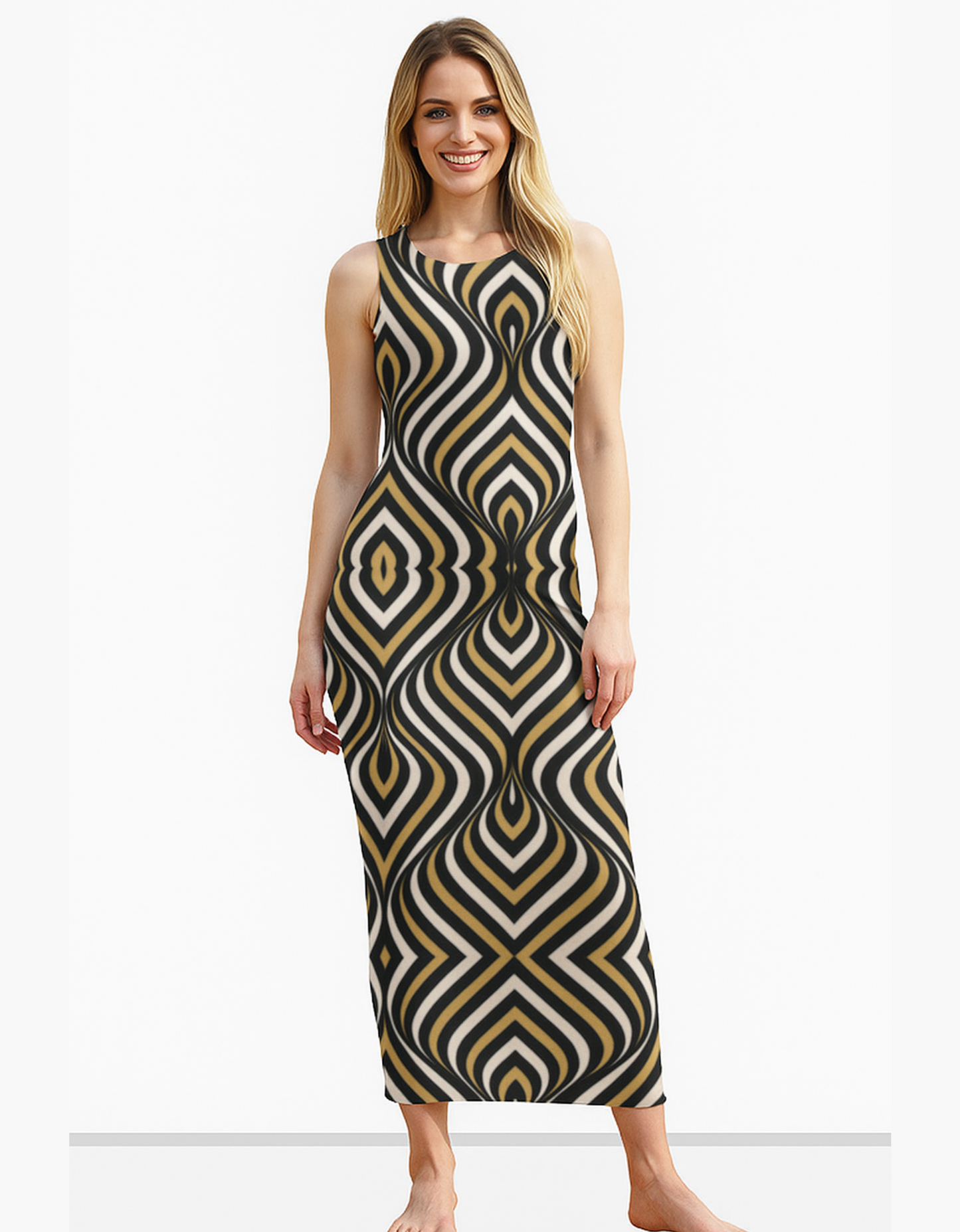 Geometric Pattern AOP Bodycon Dress – 220 GSM Poly Spandex, Side Slit, Skin Fit, Breathable & Stretchable