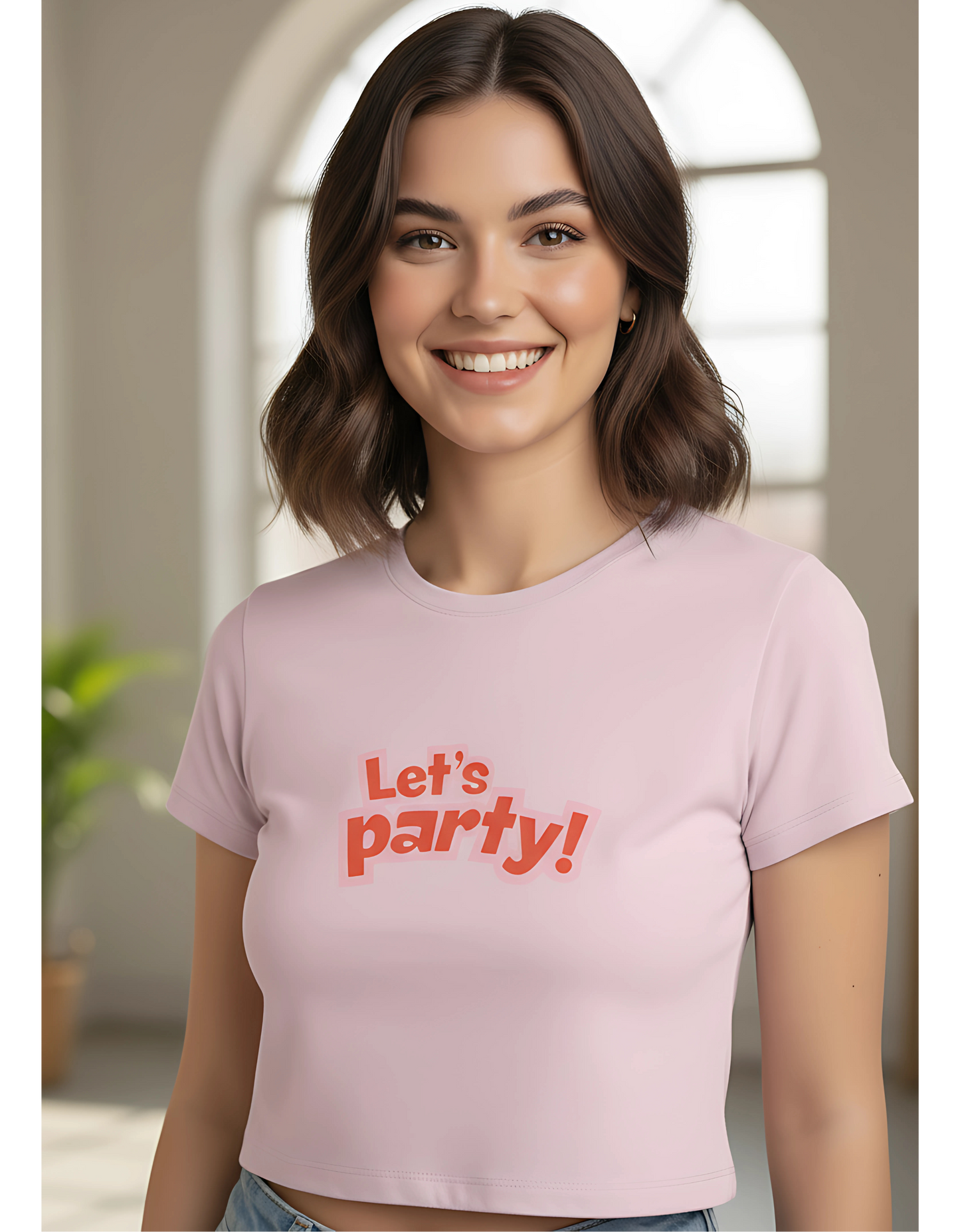 Women's "Let's Party" Baby Crop Tee | Light Pink Cotton Spandex T-Shirt | Stretchable & Breathable