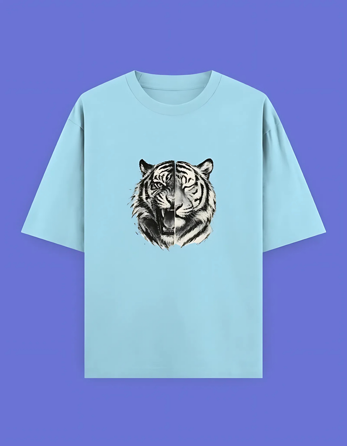 Unisex Oversized T-Shirt | 240 GSM 100% Cotton | Split Tiger Face Graphic | Bio-Washed & Pre-Shrunk