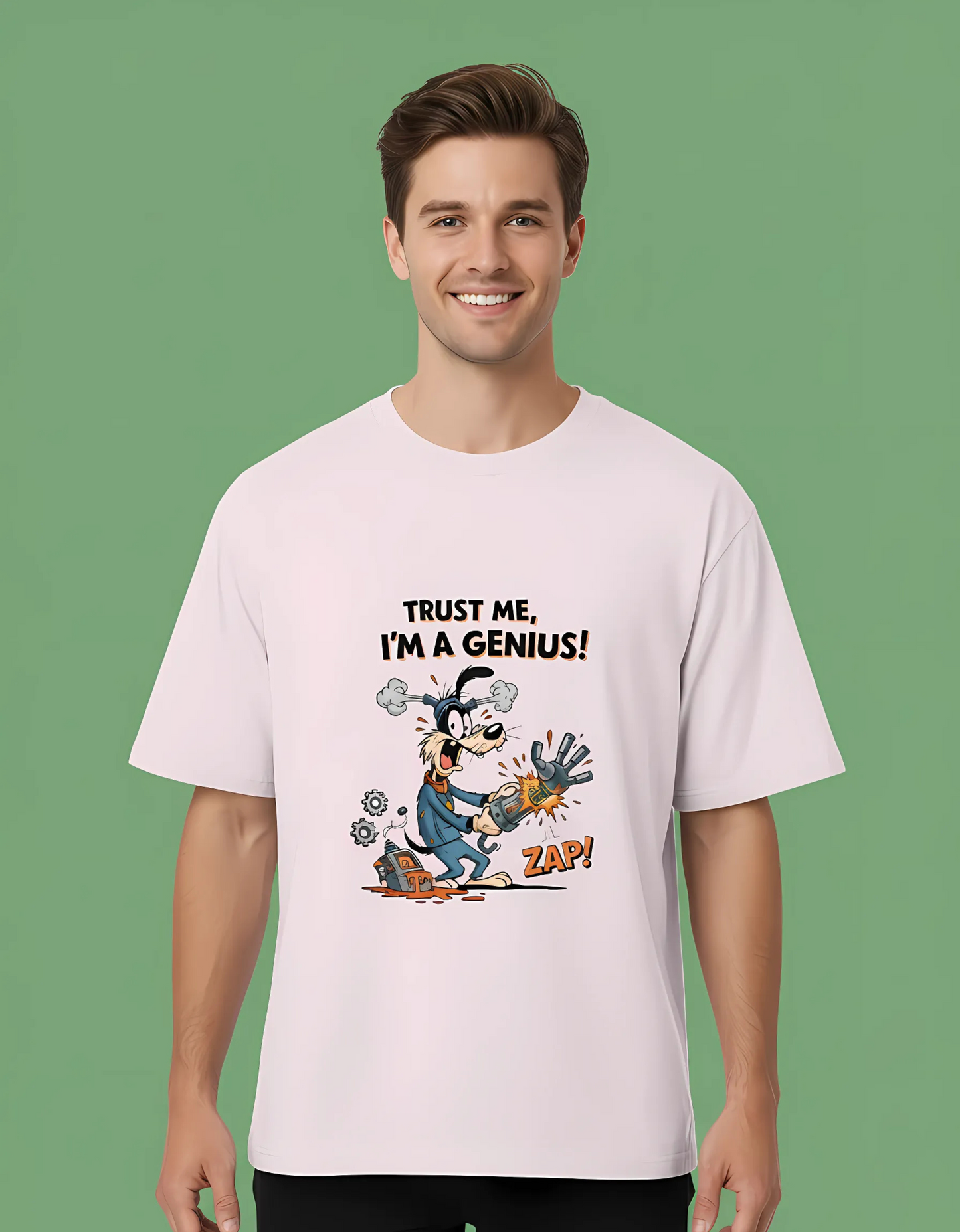 Unisex Oversized T-Shirt – “Trust Me, I'm a Genius!” Cartoon Print | 180 GSM Cotton | Pre-Shrunk | Bold Graphic Streetwear