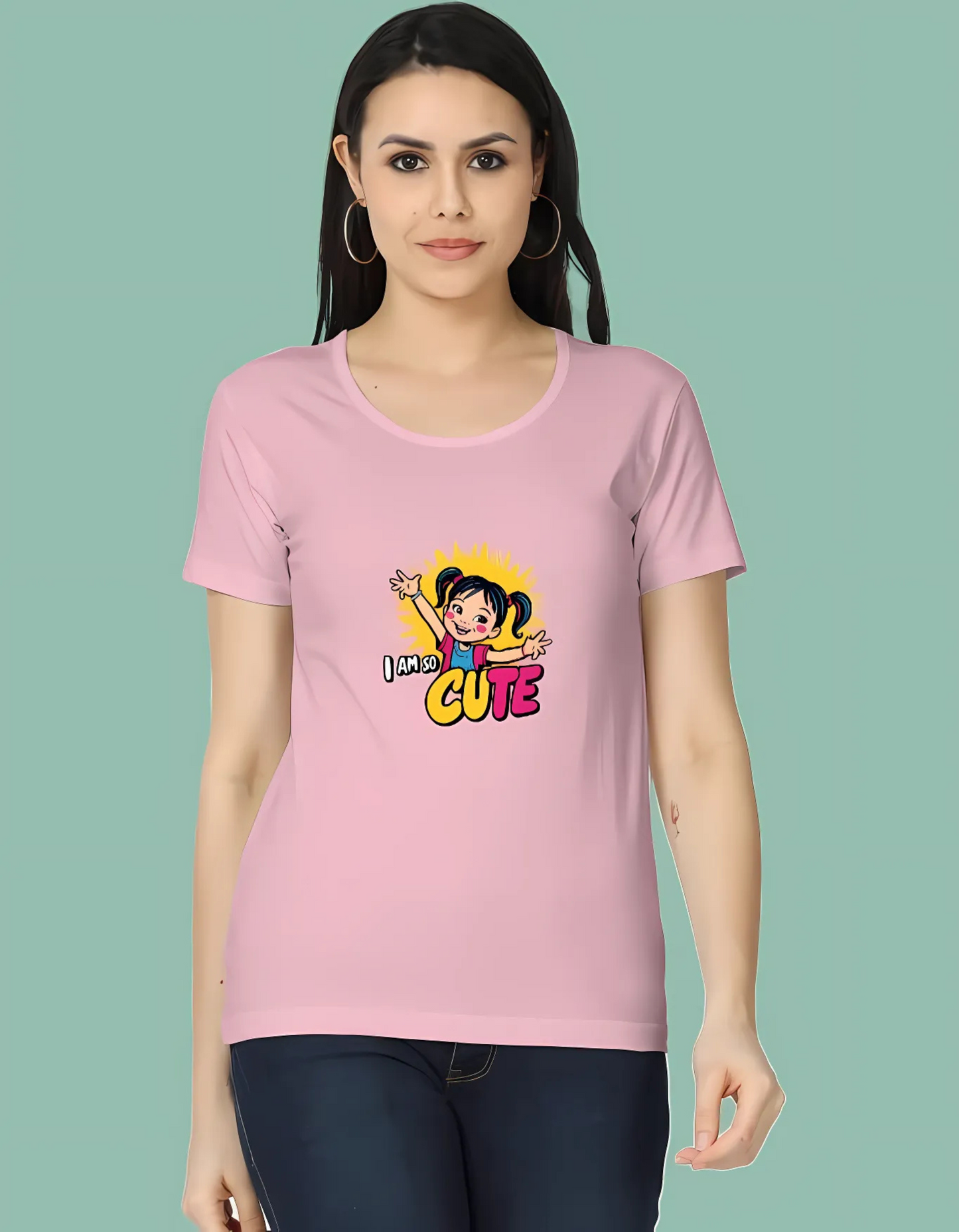Women’s Classic Cotton T-Shirt – “I Am So Cute” Cartoon Girl Graphic | 180 GSM | Regular Fit | Vibrant Print