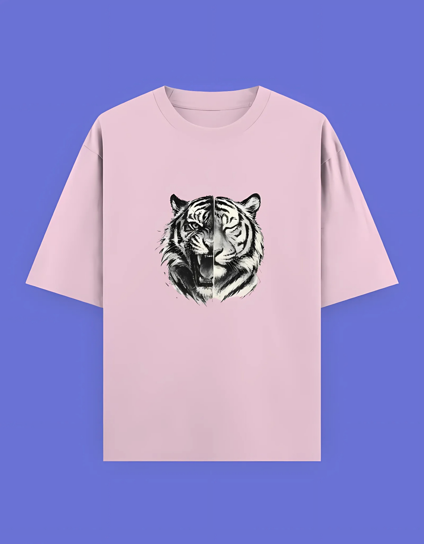 Unisex Oversized T-Shirt | 240 GSM 100% Cotton | Split Tiger Face Graphic | Bio-Washed & Pre-Shrunk