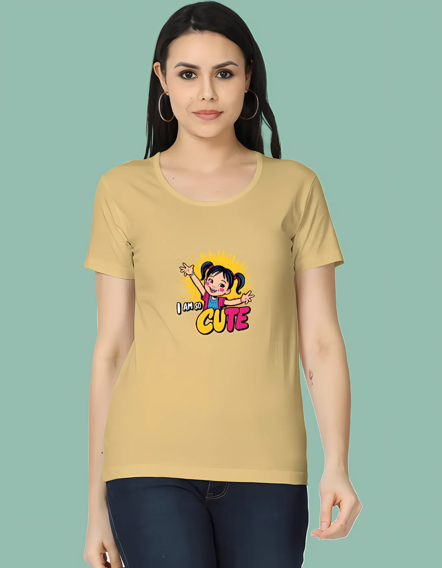 Women’s Classic Cotton T-Shirt – “I Am So Cute” Cartoon Girl Graphic | 180 GSM | Regular Fit | Vibrant Print