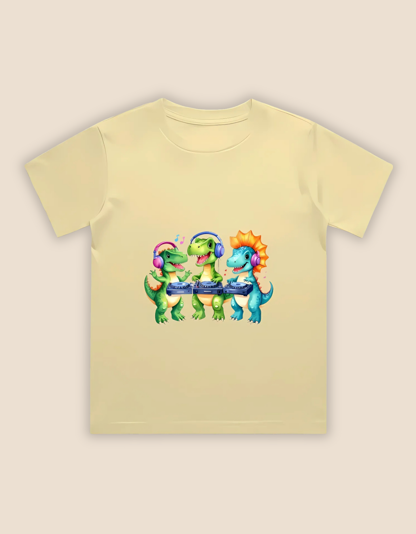Boys’ Crew Neck T-Shirt – Cute DJ Dinosaurs Print | 180 GSM 100% Cotton, Bio-Washed, Regular Fit