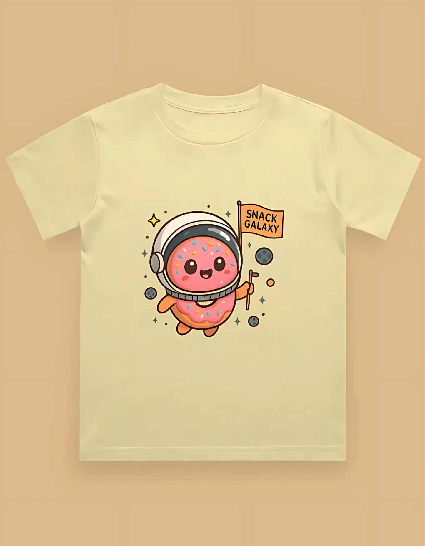 Boys' Crew Neck T-Shirt – “Snack Galaxy” Donut Astronaut Print | 100% Cotton | 180 GSM | Bio-Washed | Regular Fit Tee