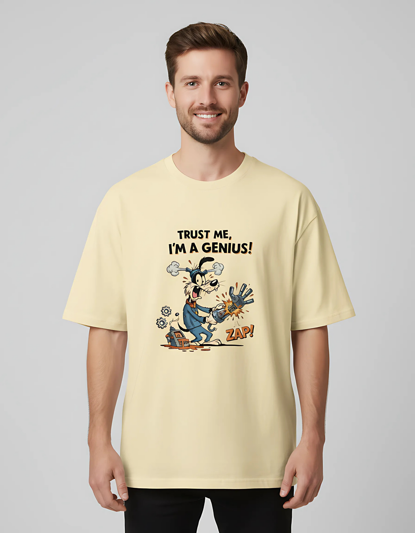 Unisex Oversized T-Shirt – “Trust Me, I'm a Genius!” Cartoon Print | 180 GSM Cotton | Pre-Shrunk | Bold Graphic Streetwear