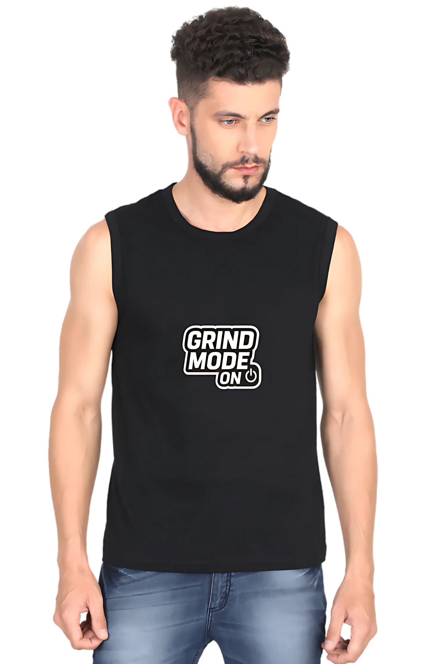 Men’s Sleeveless Cotton Gym T-Shirt | “Grind Mode On” Motivational Print | 180 GSM | Regular Fit | Bio-Washed & Pre-Shrunk