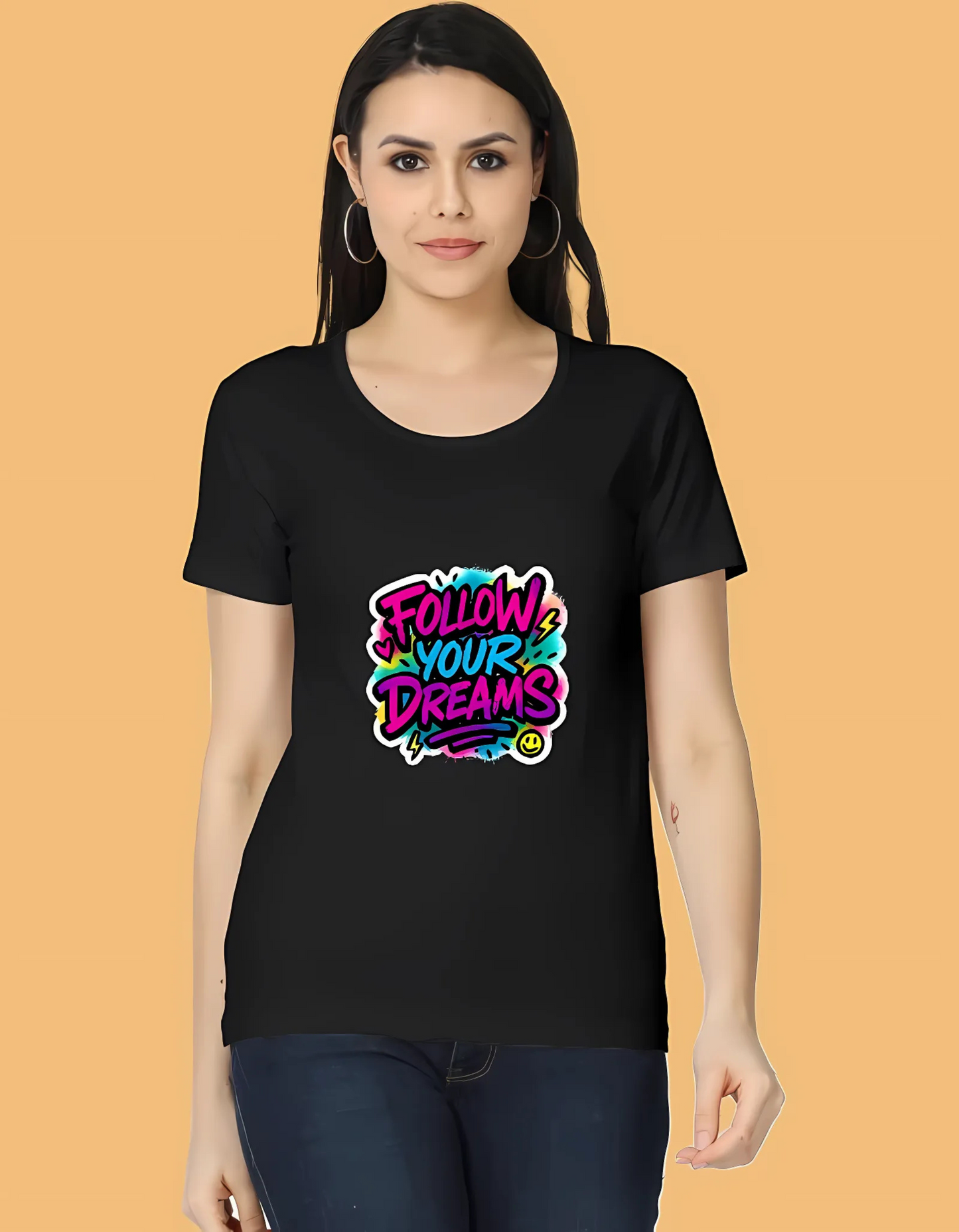 Women’s Classic Fit T-Shirt – “Follow Your Dreams” Neon Graffiti Print | 100% Cotton | 180 GSM