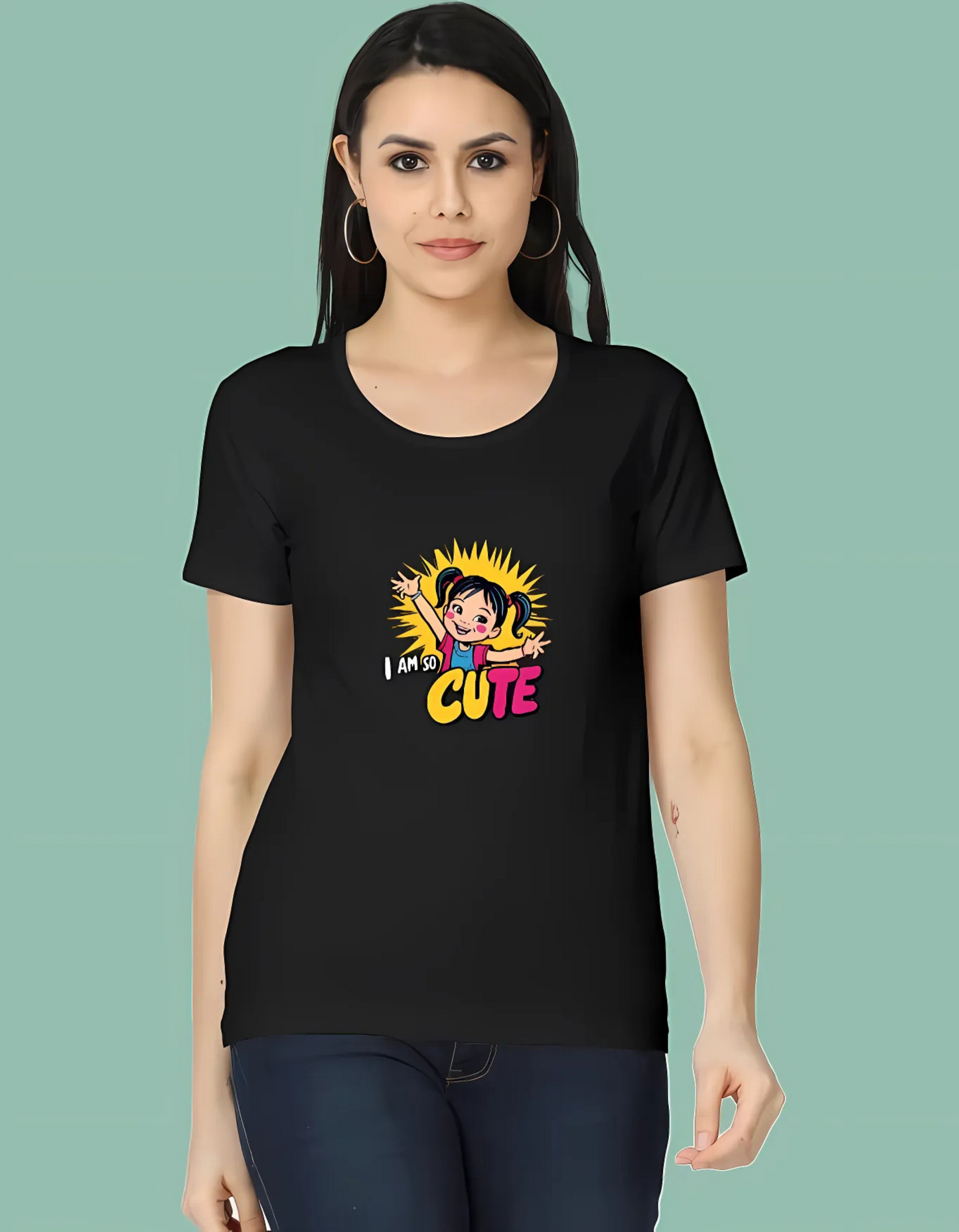 Women’s Classic Cotton T-Shirt – “I Am So Cute” Cartoon Girl Graphic | 180 GSM | Regular Fit | Vibrant Print