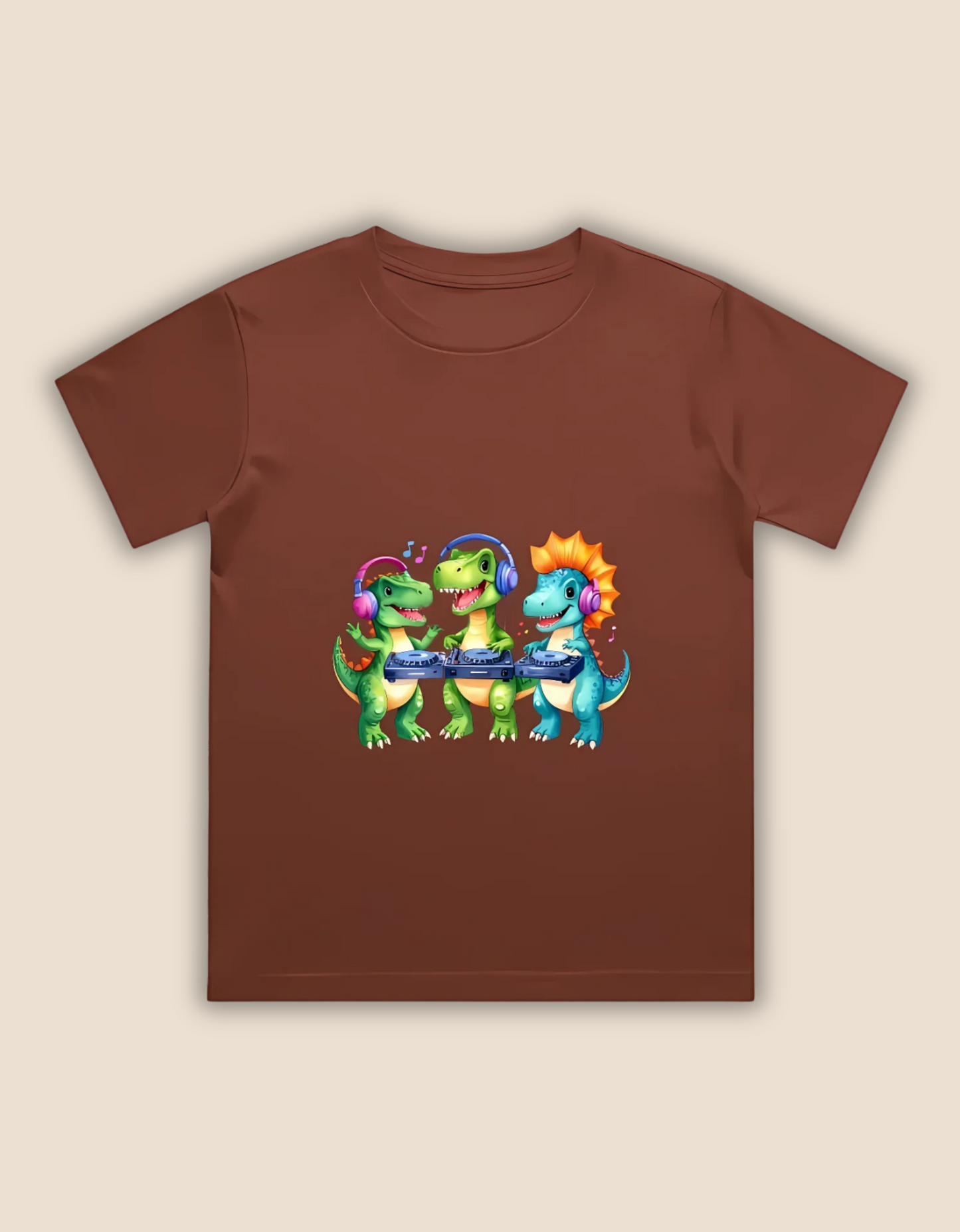 Boys’ Crew Neck T-Shirt – Cute DJ Dinosaurs Print | 180 GSM 100% Cotton, Bio-Washed, Regular Fit