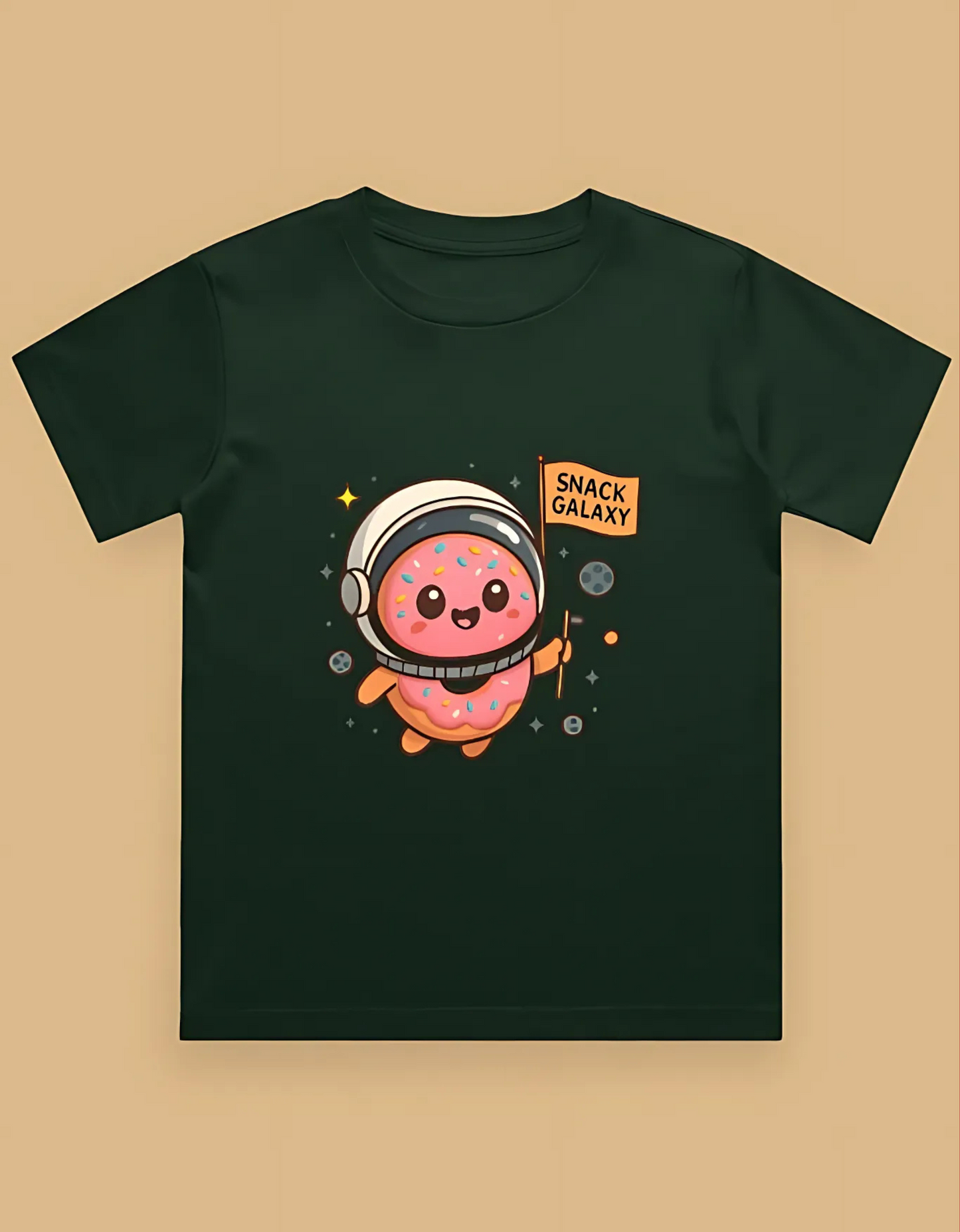 Boys' Crew Neck T-Shirt – “Snack Galaxy” Donut Astronaut Print | 100% Cotton | 180 GSM | Bio-Washed | Regular Fit Tee