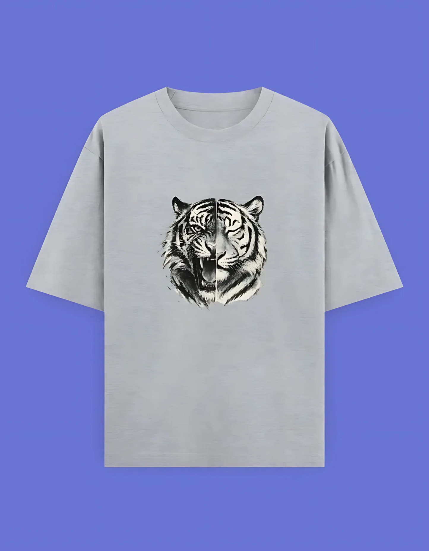 Unisex Oversized T-Shirt | 240 GSM 100% Cotton | Split Tiger Face Graphic | Bio-Washed & Pre-Shrunk