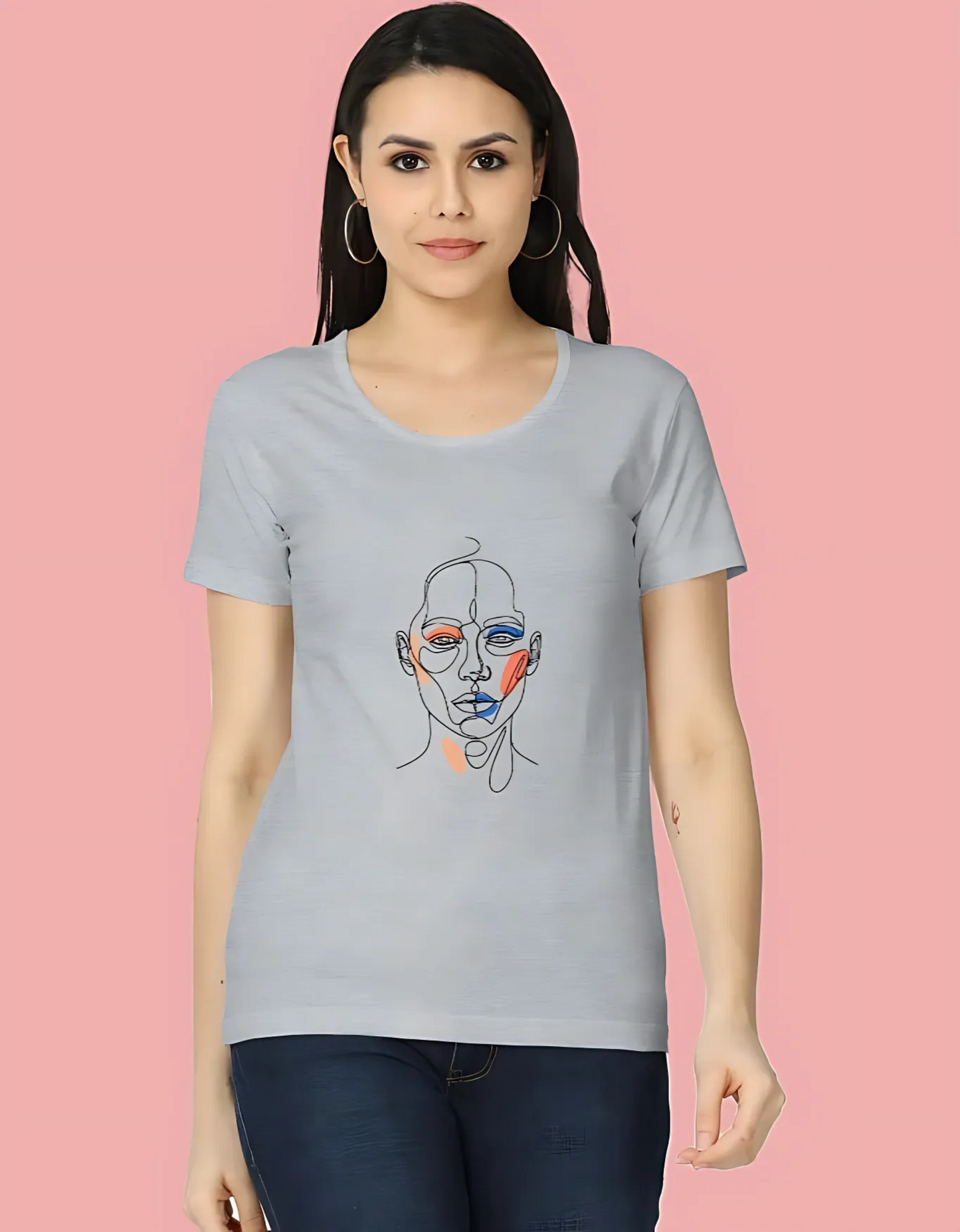 Women’s Classic T-Shirt with Abstract Face Art Print | 180 GSM Super Combed Cotton | Minimal Line Aesthetic Tee