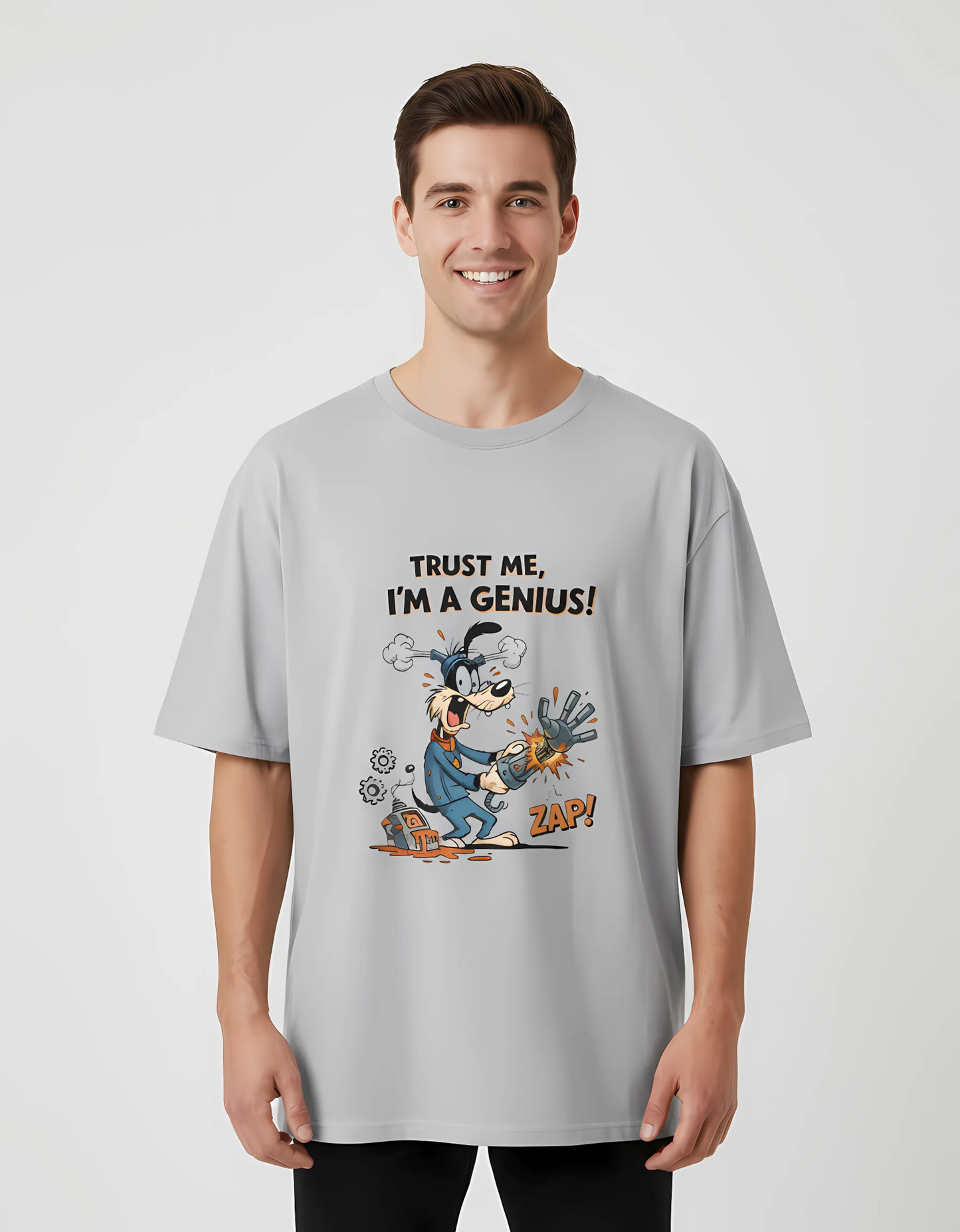 Unisex Oversized T-Shirt – “Trust Me, I'm a Genius!” Cartoon Print | 180 GSM Cotton | Pre-Shrunk | Bold Graphic Streetwear