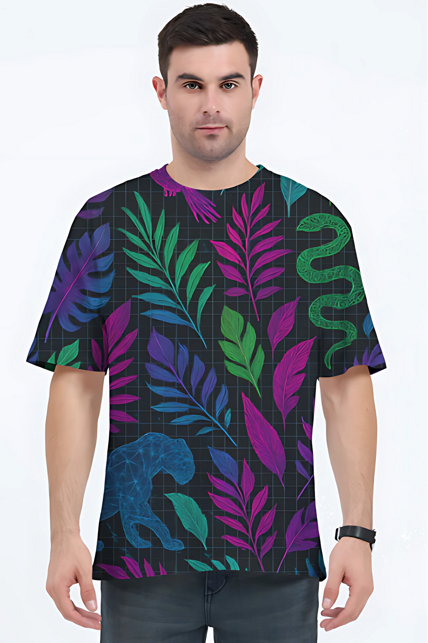 Men's Oversized Jungle Print T-Shirt – 240 GSM | Micro Knitted Polyester | Fade-Proof AOP | Unisex Regular Fit