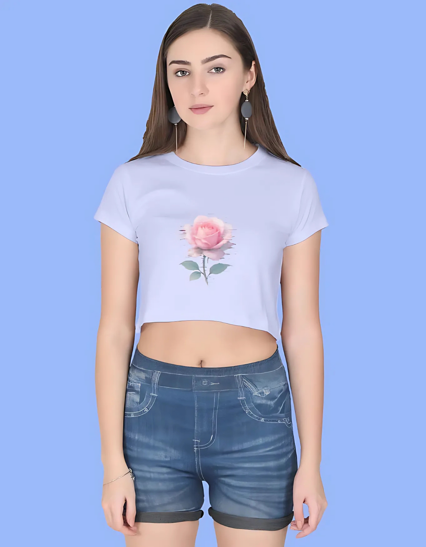 Women’s Cotton Crop Top – Glitched Pink Rose Aesthetic Print | 180 GSM | Soft & Stylish Streetwear