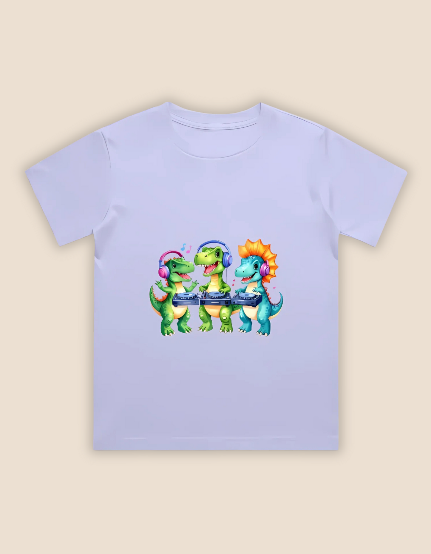 Boys’ Crew Neck T-Shirt – Cute DJ Dinosaurs Print | 180 GSM 100% Cotton, Bio-Washed, Regular Fit