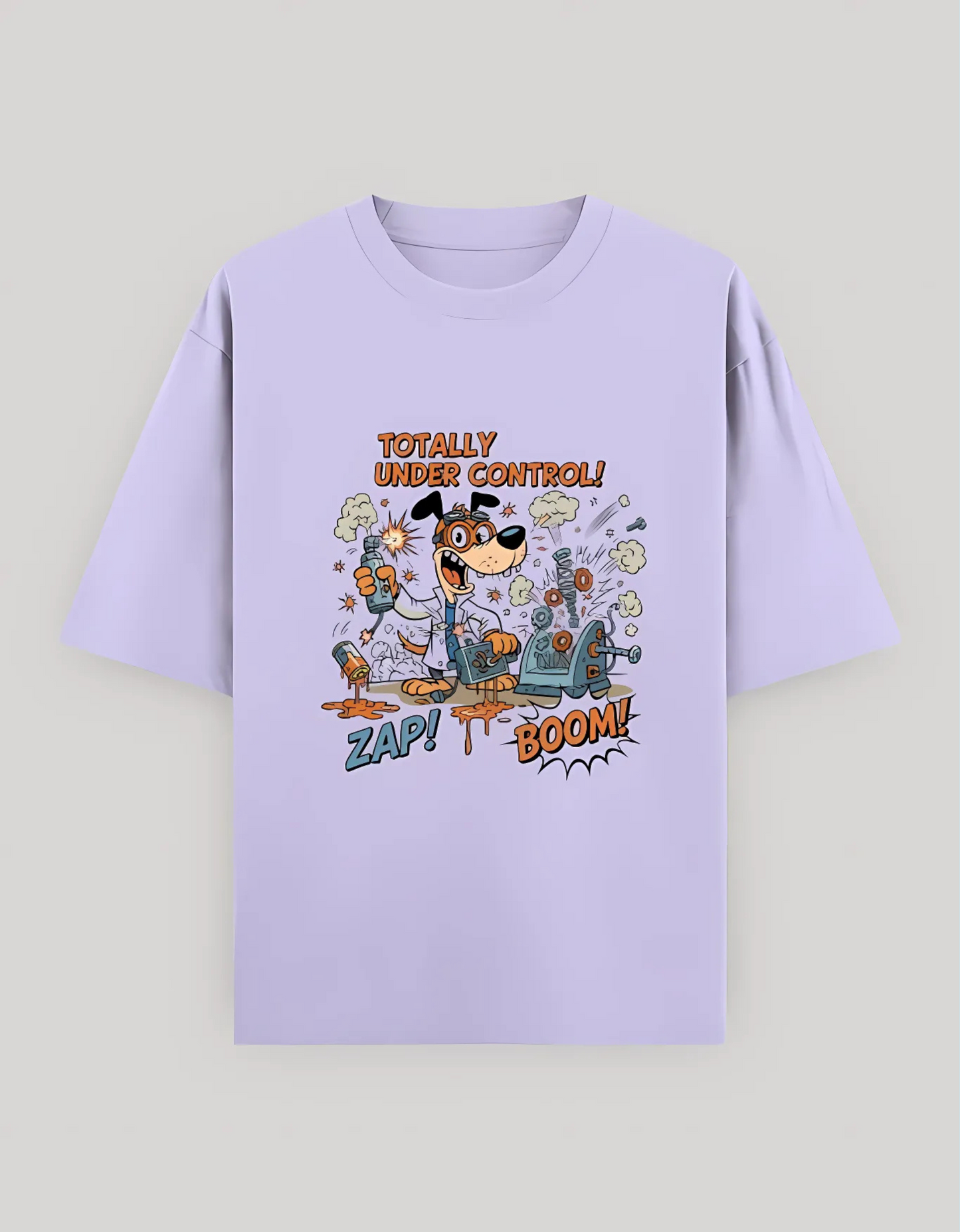 Unisex Oversized Fit Classic T-Shirt – “Totally Under Control!” Cartoon Dog Scientist Print | 240 GSM 100% Cotton, Bio-Washed