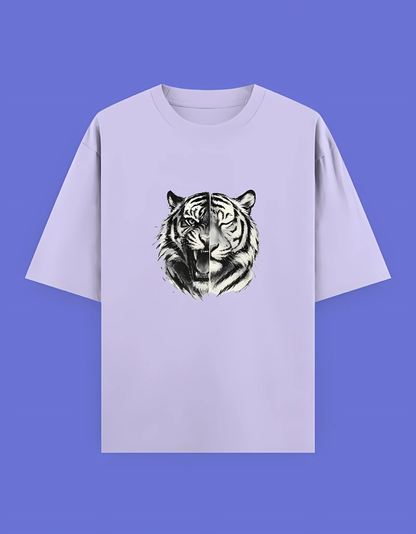Unisex Oversized T-Shirt | 240 GSM 100% Cotton | Split Tiger Face Graphic | Bio-Washed & Pre-Shrunk