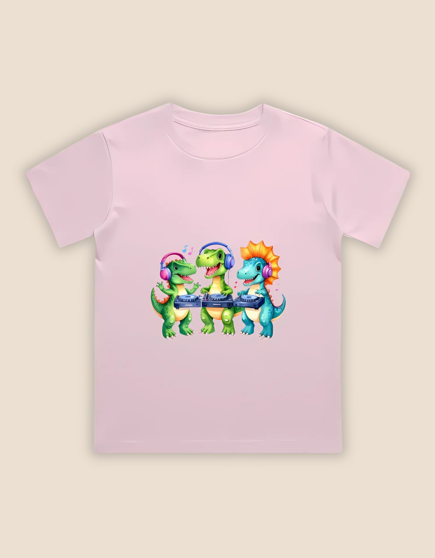 Boys’ Crew Neck T-Shirt – Cute DJ Dinosaurs Print | 180 GSM 100% Cotton, Bio-Washed, Regular Fit