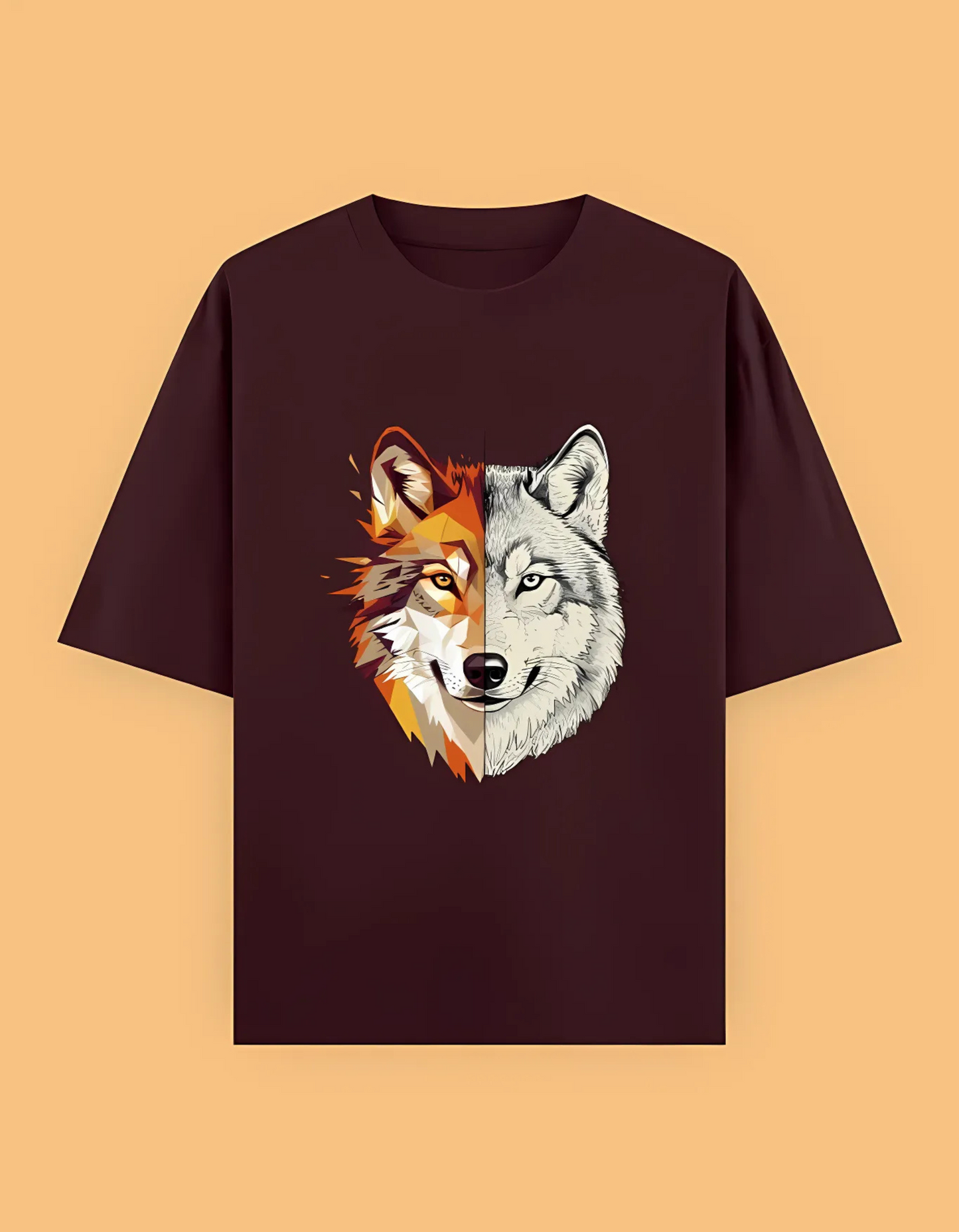 Unisex Oversized T-Shirt with Split Wolf Graphic | 240 GSM 100% Cotton | Artistic Wild Aesthetic Tee