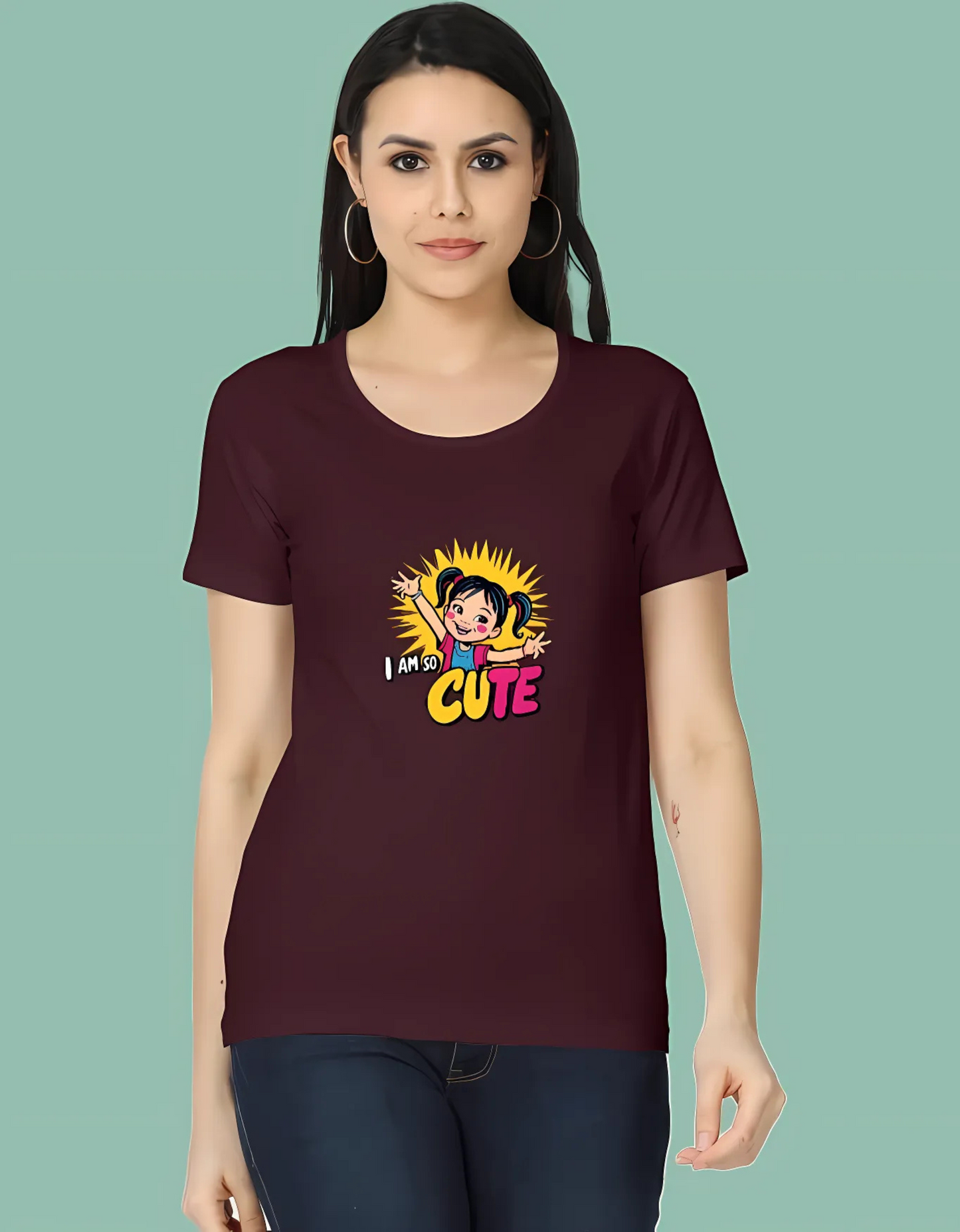 Women’s Classic Cotton T-Shirt – “I Am So Cute” Cartoon Girl Graphic | 180 GSM | Regular Fit | Vibrant Print