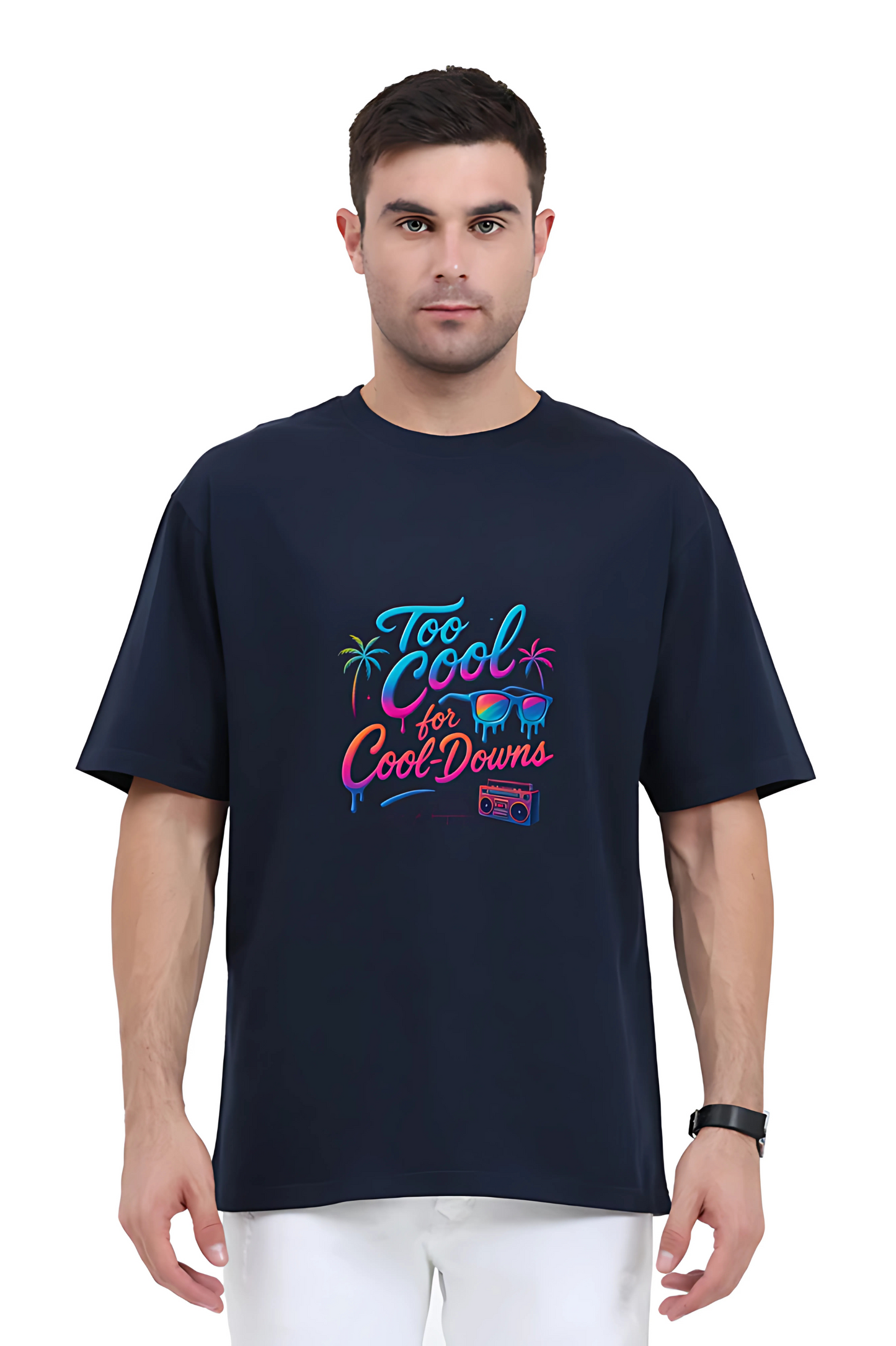 Men’s Oversized T-Shirt – 240 GSM Cotton | “Too Cool for Cool-Downs” Neon Graphic | Unisex Fit | Bio-Washed & Pre-Shrunk