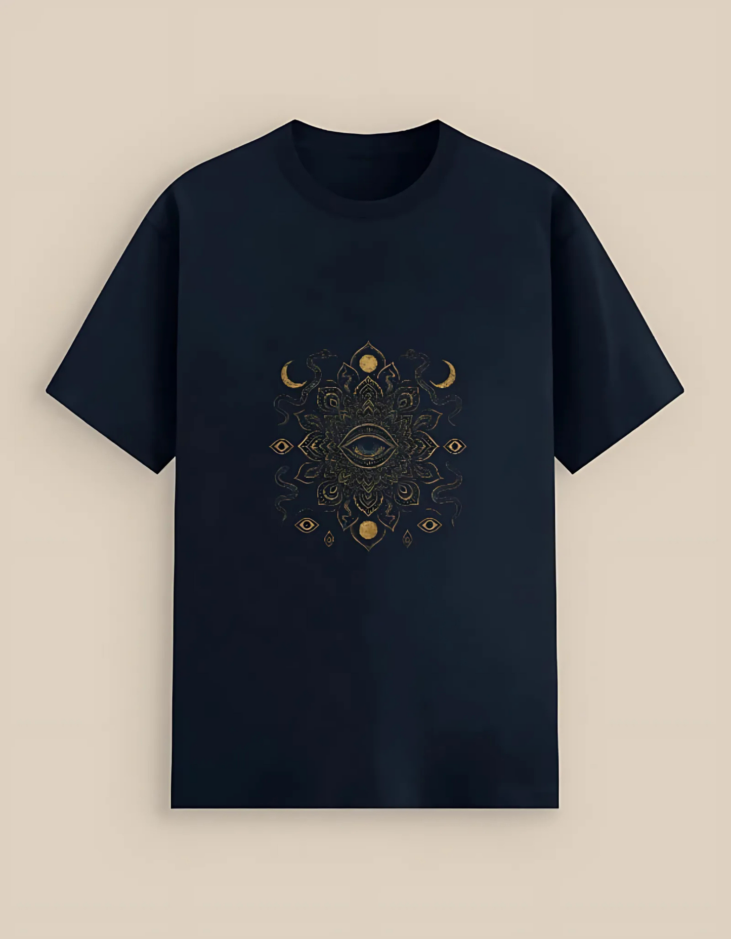 Unisex Cotton Stretch T-Shirt – Mystical Third Eye Mandala & Moon Phases Print | 240 GSM | Stretchable & Breathable