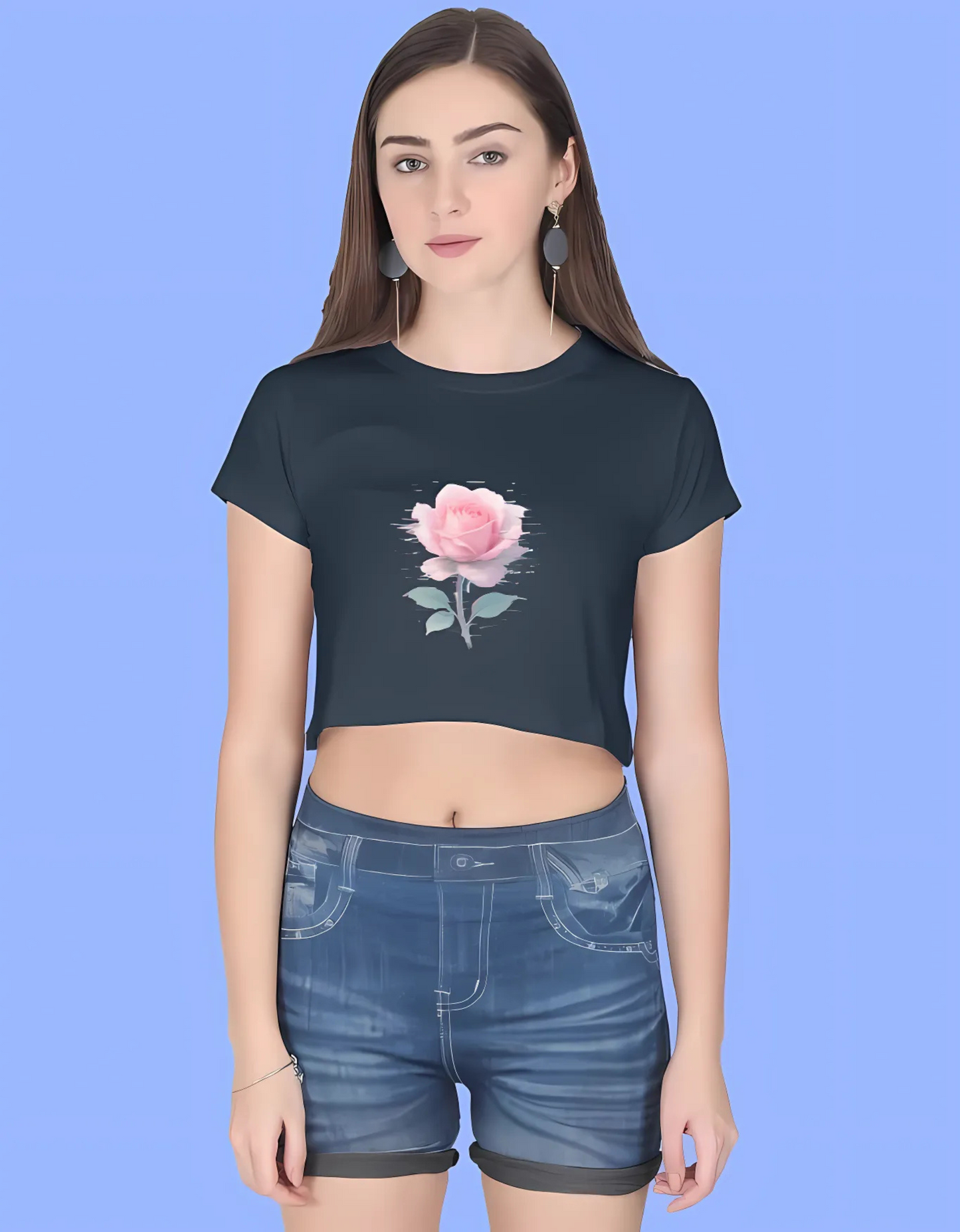 Women’s Cotton Crop Top – Glitched Pink Rose Aesthetic Print | 180 GSM | Soft & Stylish Streetwear