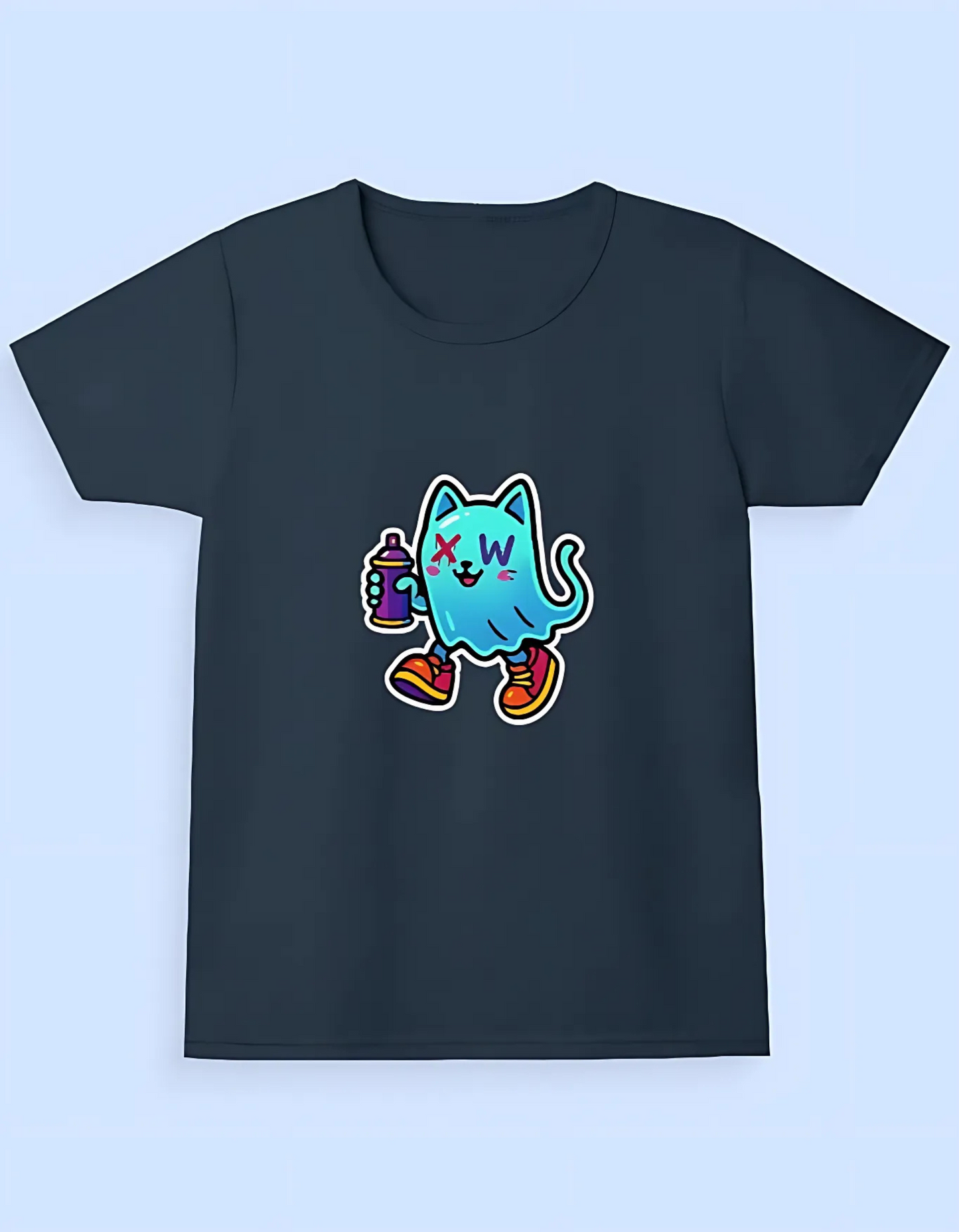 Girls' Classic Cotton T-Shirt – Ghost Cat Graffiti Print | 180 GSM | 100% Super Combed Cotton | Street Style for Kids