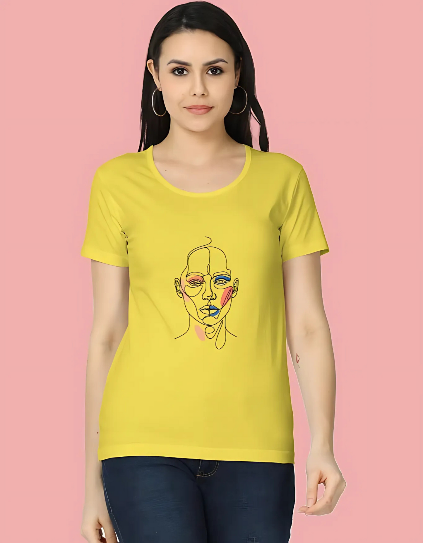 Women’s Classic T-Shirt with Abstract Face Art Print | 180 GSM Super Combed Cotton | Minimal Line Aesthetic Tee