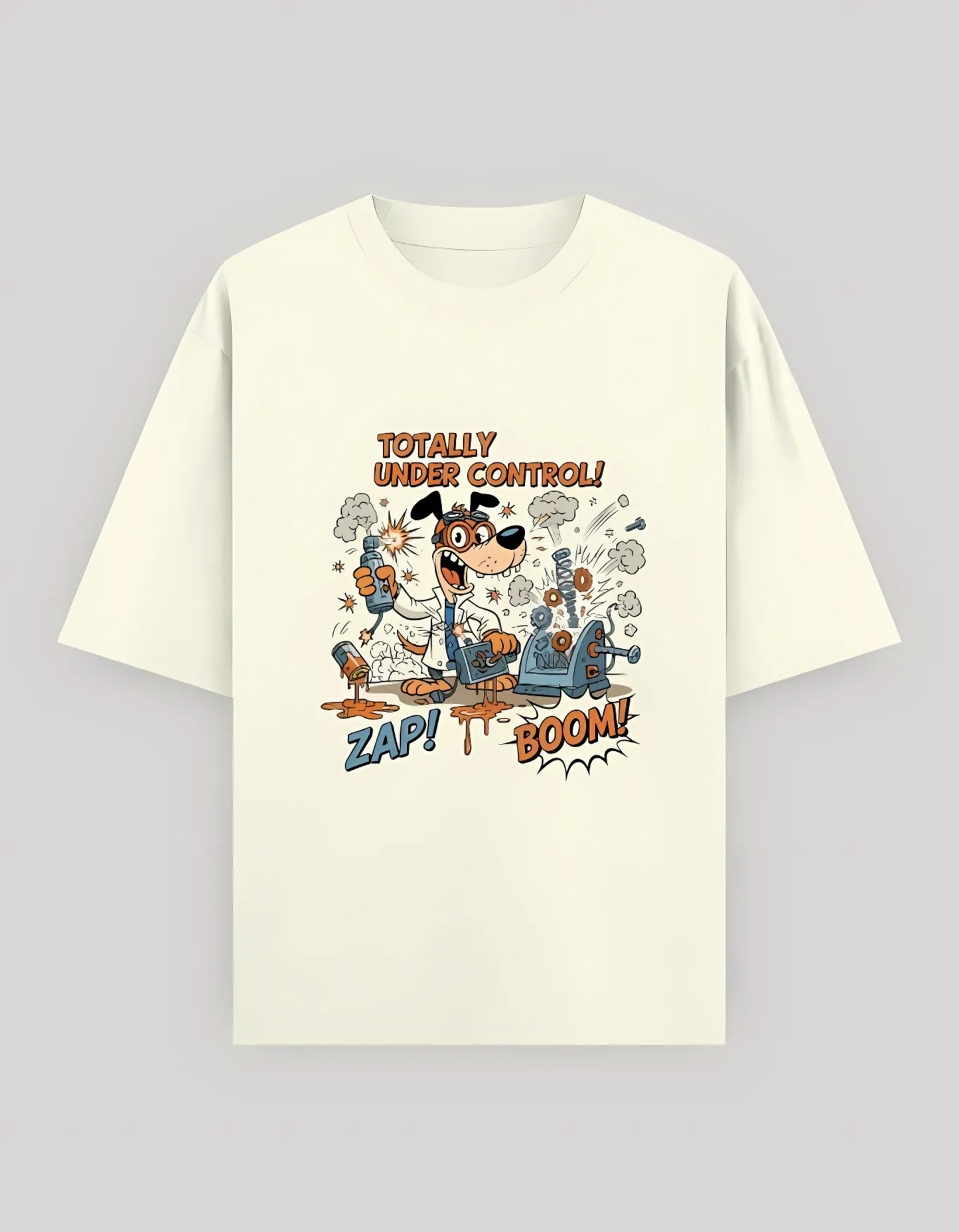 Unisex Oversized Fit Classic T-Shirt – “Totally Under Control!” Cartoon Dog Scientist Print | 240 GSM 100% Cotton, Bio-Washed