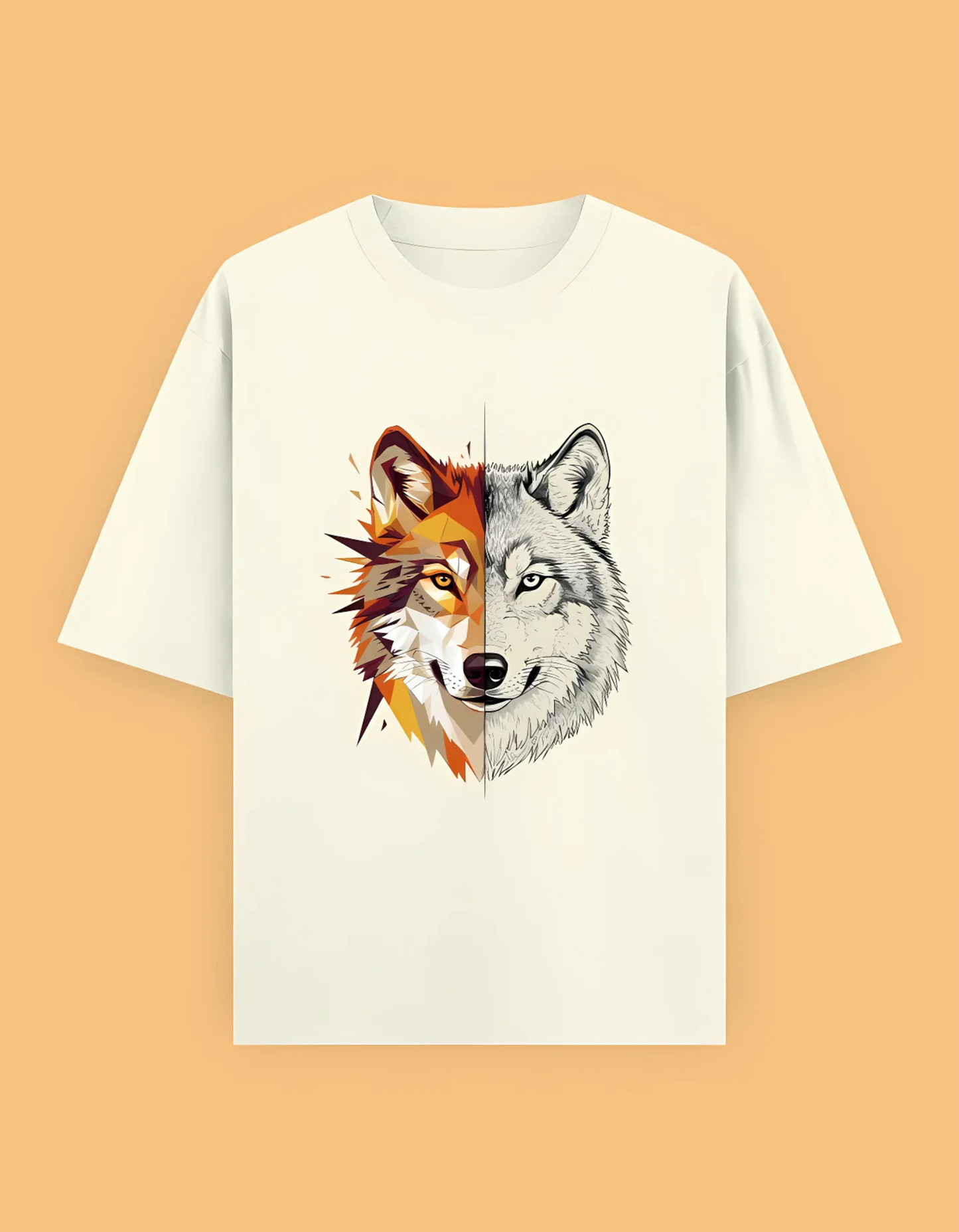 Unisex Oversized T-Shirt with Split Wolf Graphic | 240 GSM 100% Cotton | Artistic Wild Aesthetic Tee