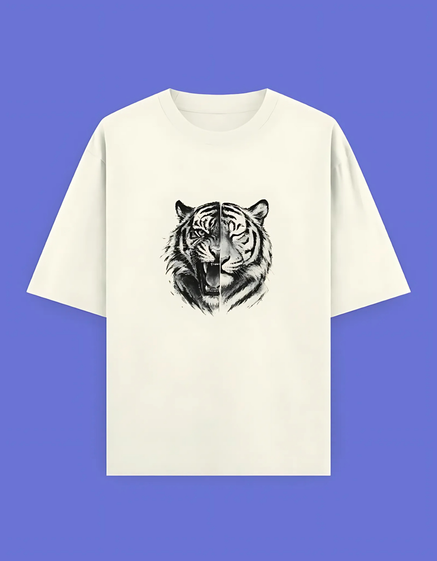 Unisex Oversized T-Shirt | 240 GSM 100% Cotton | Split Tiger Face Graphic | Bio-Washed & Pre-Shrunk