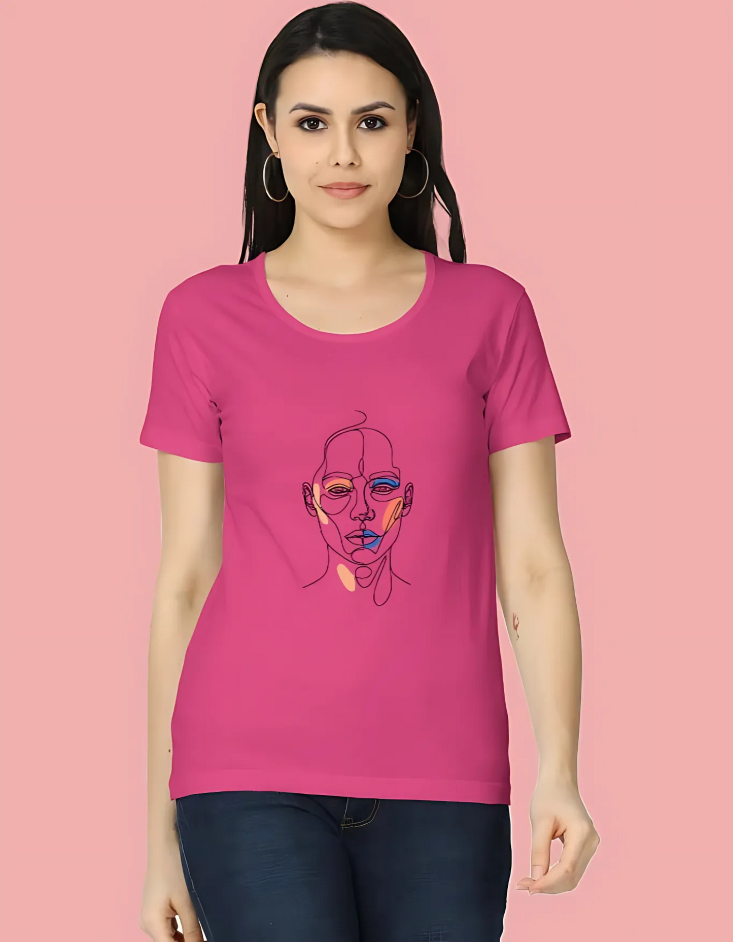Women’s Classic T-Shirt with Abstract Face Art Print | 180 GSM Super Combed Cotton | Minimal Line Aesthetic Tee