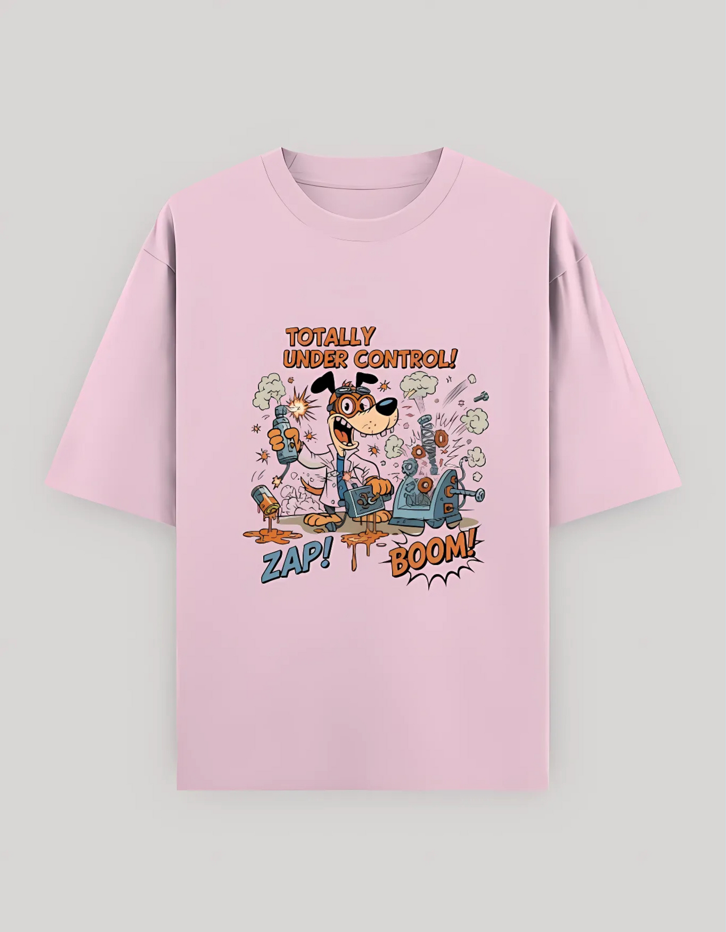 Unisex Oversized Fit Classic T-Shirt – “Totally Under Control!” Cartoon Dog Scientist Print | 240 GSM 100% Cotton, Bio-Washed