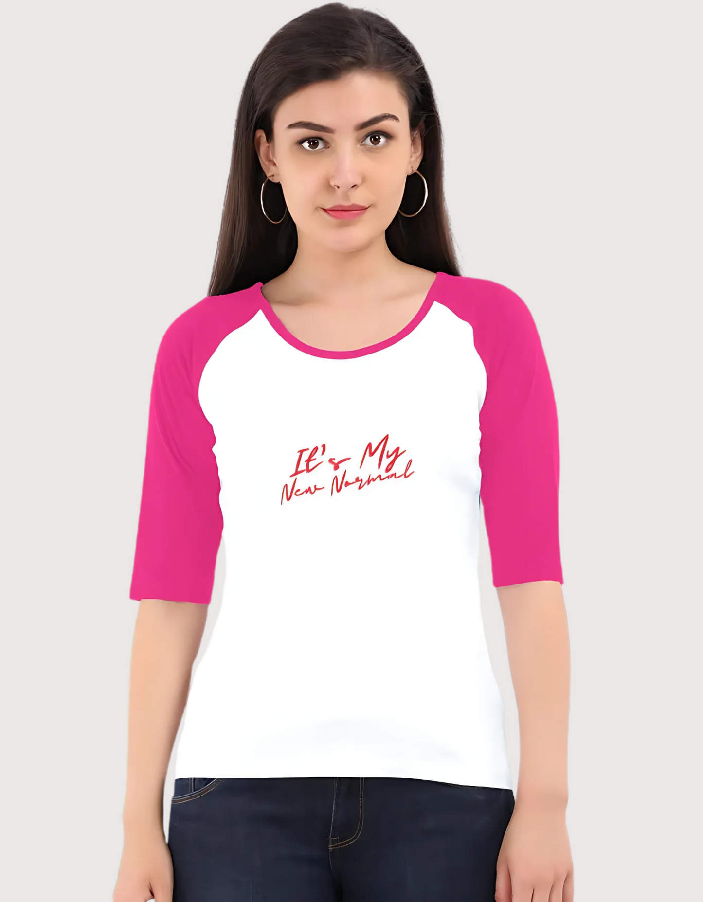 Women’s Black & White Raglan T-Shirt – “It’s My New Normal” Print | 100% Super Combed Cotton | Regular Fit | 180 GSM