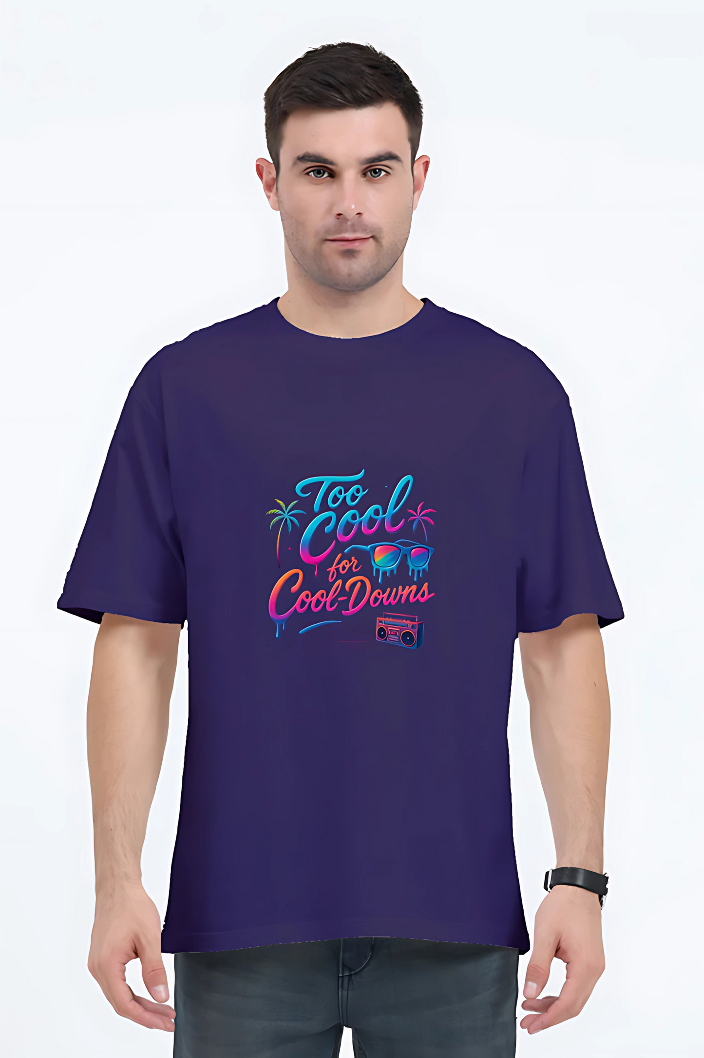 Men’s Oversized T-Shirt – 240 GSM Cotton | “Too Cool for Cool-Downs” Neon Graphic | Unisex Fit | Bio-Washed & Pre-Shrunk
