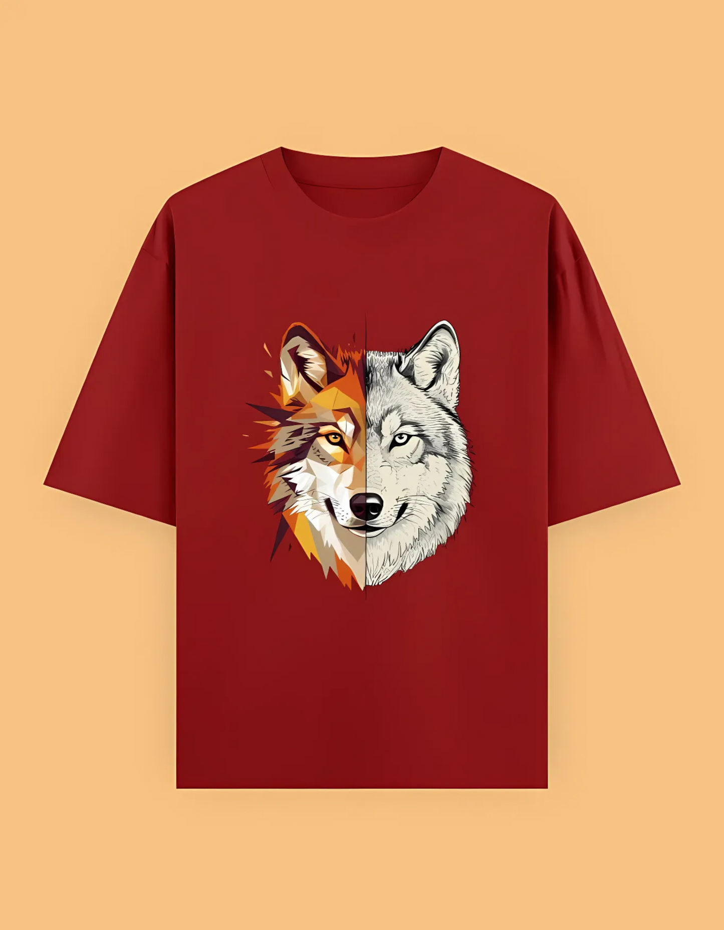 Unisex Oversized T-Shirt with Split Wolf Graphic | 240 GSM 100% Cotton | Artistic Wild Aesthetic Tee